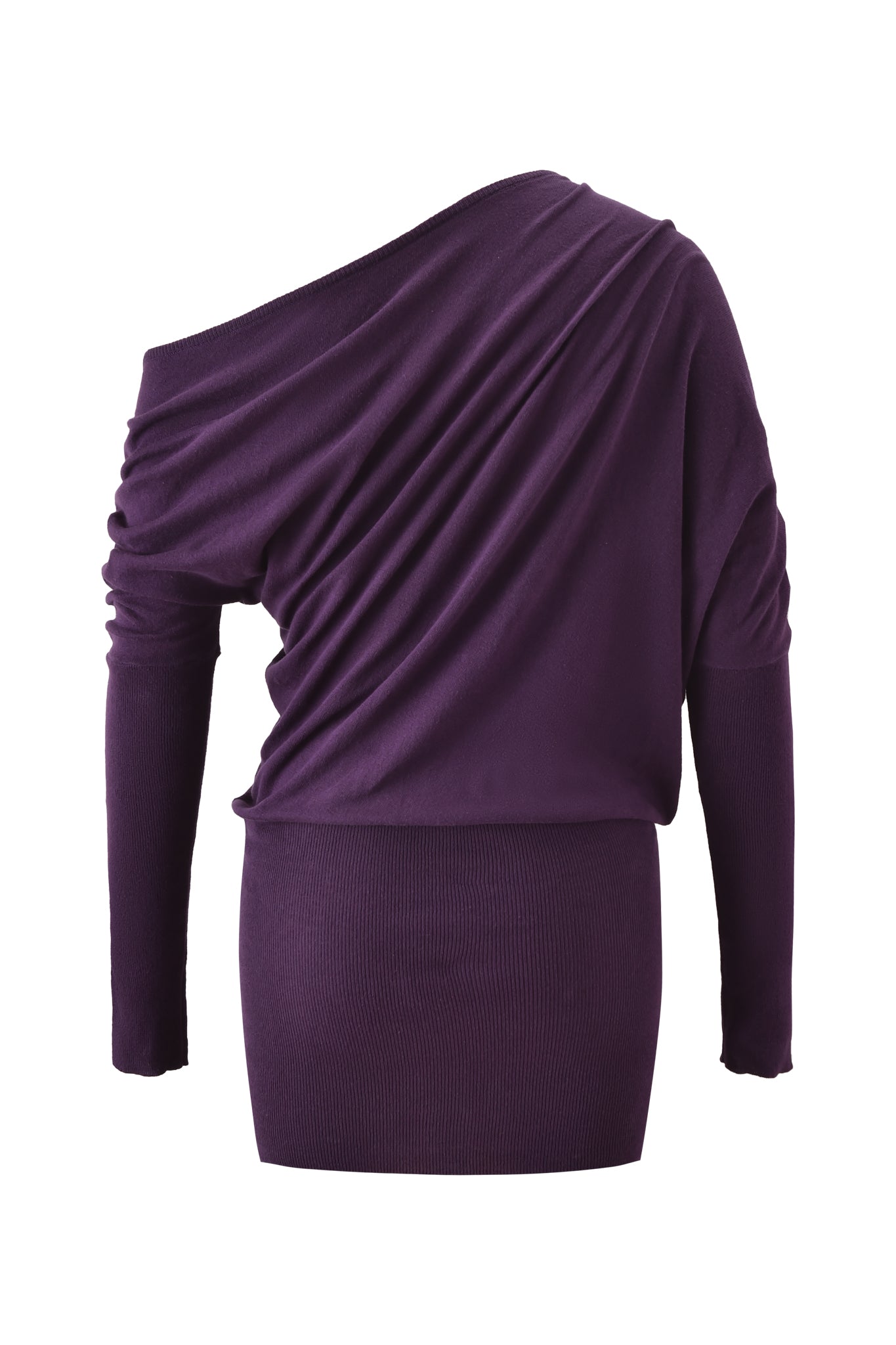 The I.AM.GIA GISELLE MINI DRESS in plum features long sleeves, an off-the-shoulder asymmetric neckline, and draped ruched detailing on the front and sleeves.