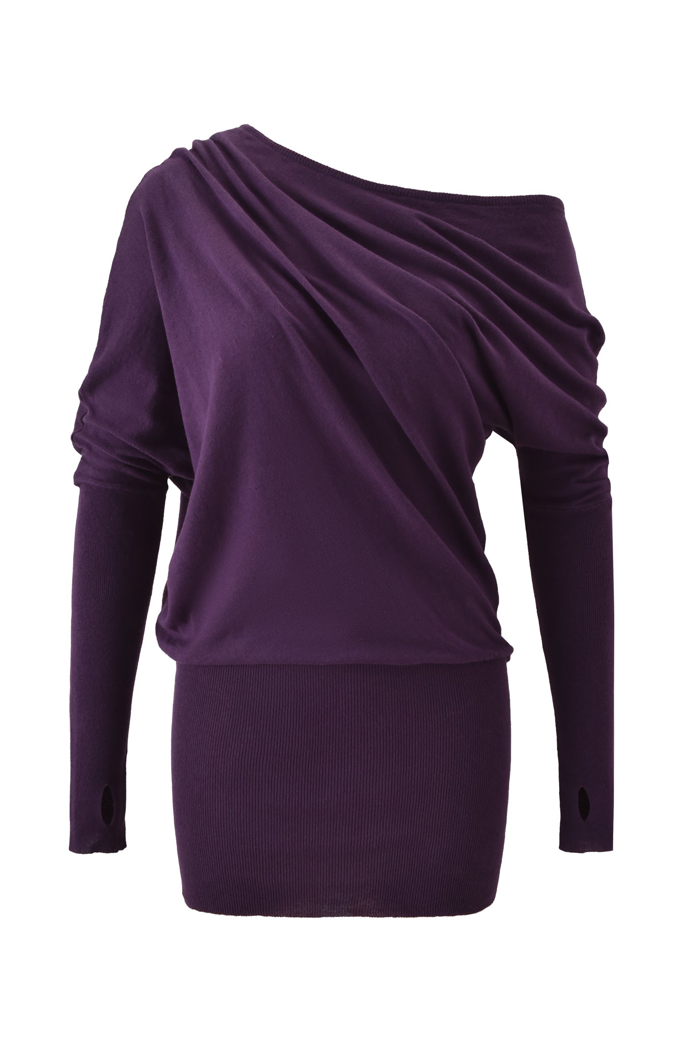 The GISELLE MINI DRESS by I.AM.GIA is a plum, long-sleeve, off-the-shoulder sweater dress with draped fabric on top and ribbed waist and cuffs, shown against a plain white background.