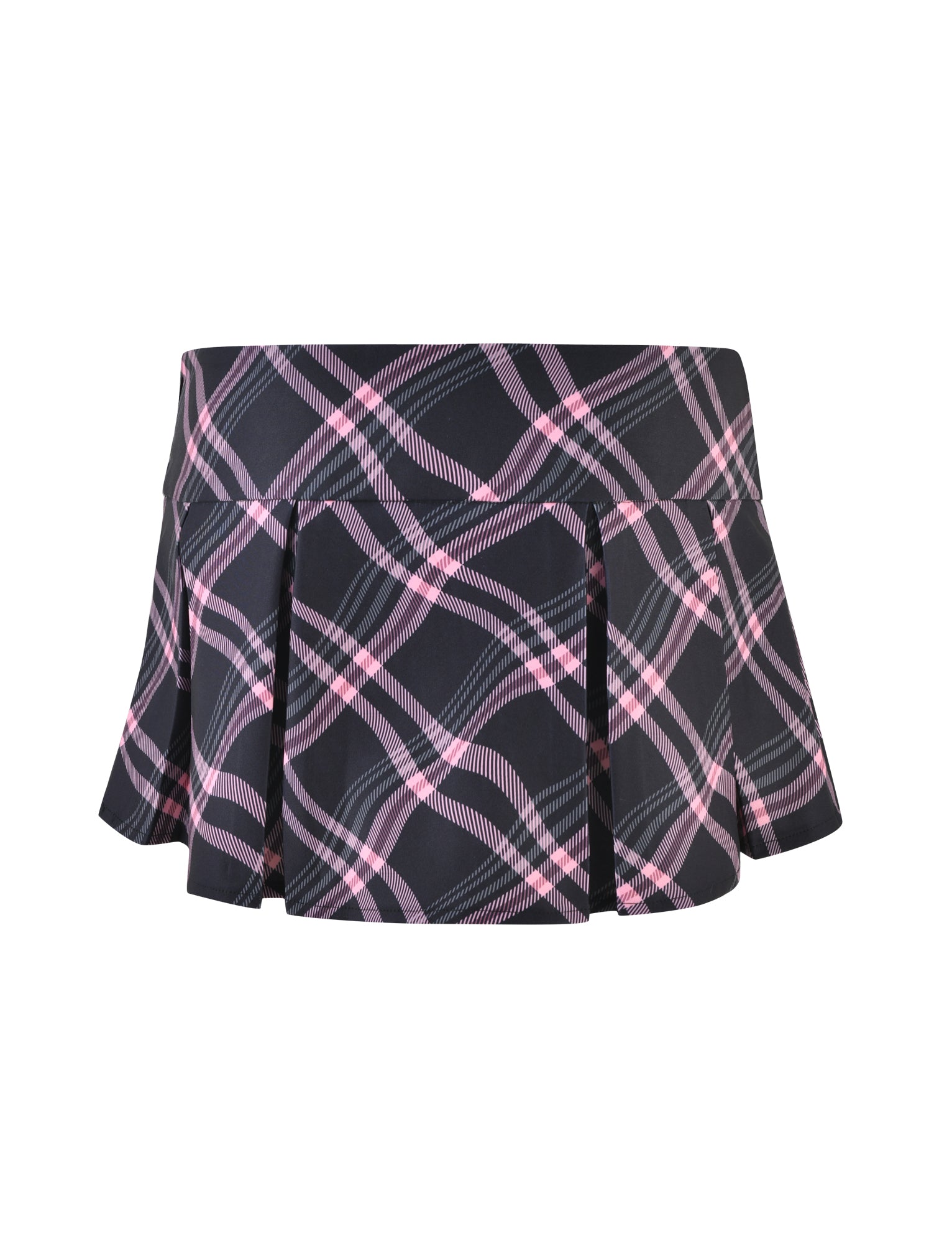 The CHARLOTTE SKORT - BLACK : WARPED CHECK by I.AM.GIA features a black background adorned with pink and white plaid patterns. The skort is designed to flare out, with prominent pleats creating a structured and stylish appearance.