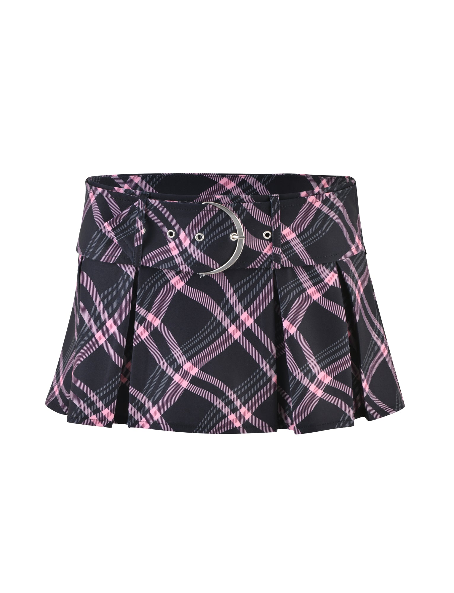 The I.AM.GIA CHARLOTTE SKORT - BLACK : WARPED CHECK features a pleated design with a belted waist and a silver buckle, showcasing a classic checkered pattern in black and pink.