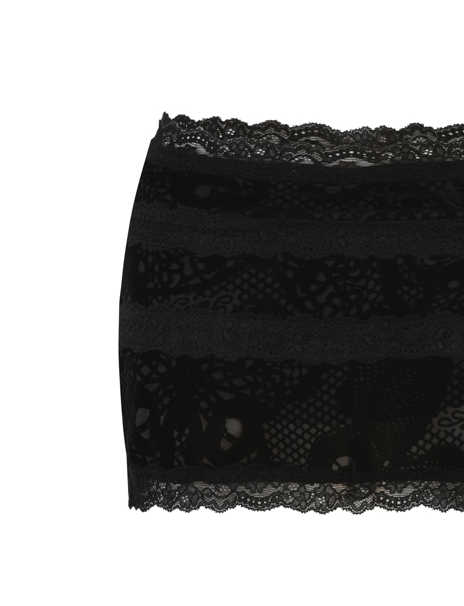 The KORRI SKORT - BLACK by I.AM.GIA features a strapless design crafted from intricate black lace with delicate floral patterns and scalloped edges. The sheer decorative lace adorning the top and bottom edges enhances its edgy style, while the soft and stretchy fabric ensures a comfortable fit.