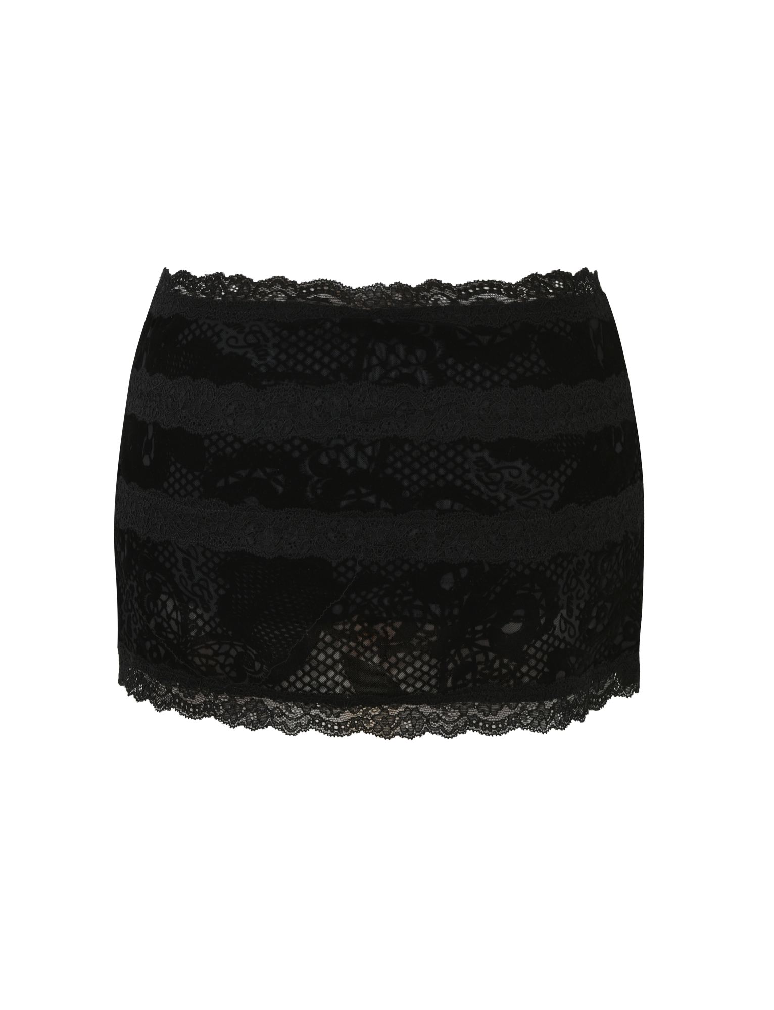 A black lacy bandeau top by I.AM.GIA is displayed against a plain background. Named the KORRI SKORT - BLACK, this bandeau features intricate floral lace patterns and a scalloped edge at the top and bottom.