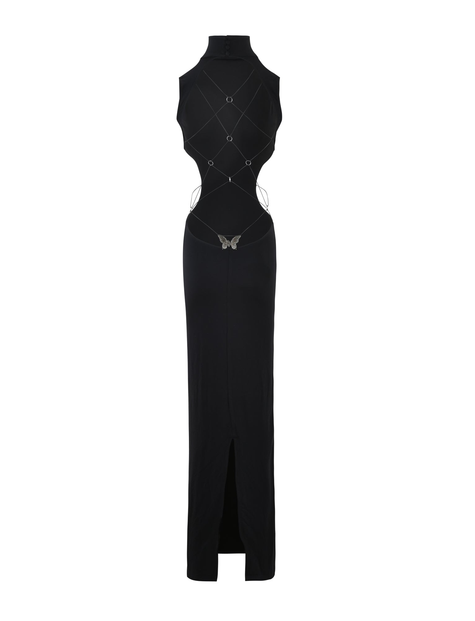 The LARISA MAXI DRESS - BLACK by I.AM.GIA is a floor-length dress featuring a halter neck and side cutouts with crisscrossing straps adorned with metal rings. The dress also boasts a silver butterfly detail at the waist and a thigh-high slit at the front.