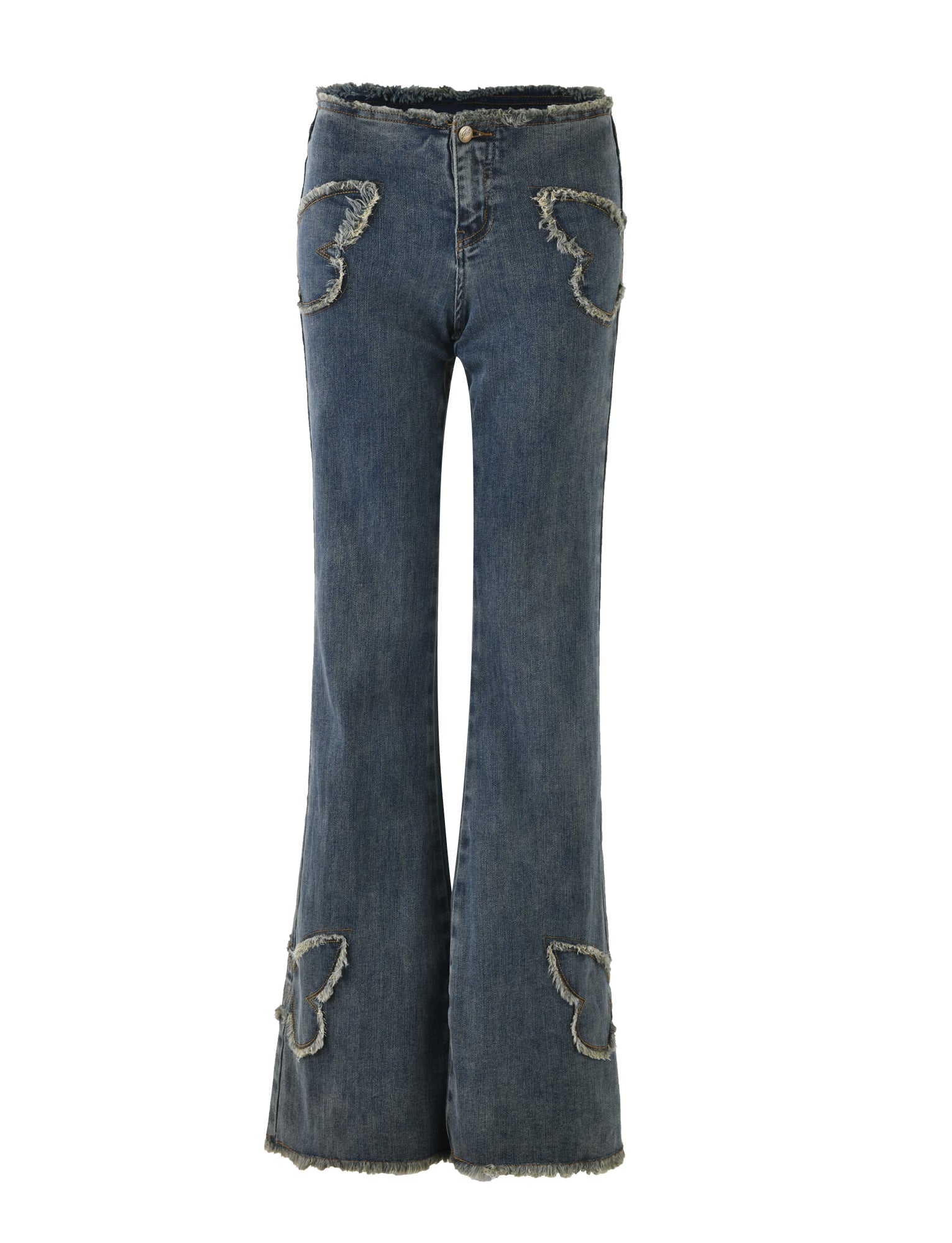 A pair of SAFFIYAH PANTS - BLUE : DENIM BLUE by I.AM.GIA, featuring a high-waisted fit and flare design. These stretch denim jeans boast frayed edges and butterfly-shaped appliqué detailing on the front pockets and around the lower legs, giving them a slightly worn look.