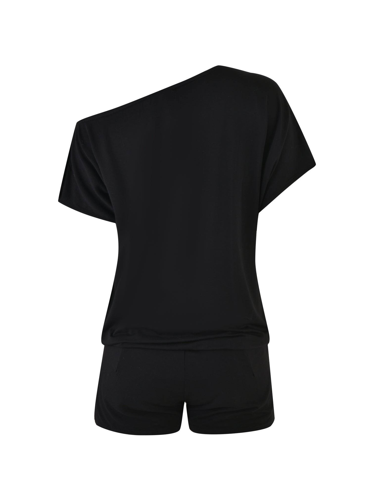 A back view of the I.AM.GIA EZIA ROMPER in black showcases its one-shoulder design with short sleeves and short pant legs. The smooth fabric appears slightly loose-fitting, contributing to a stylish and relaxed look.