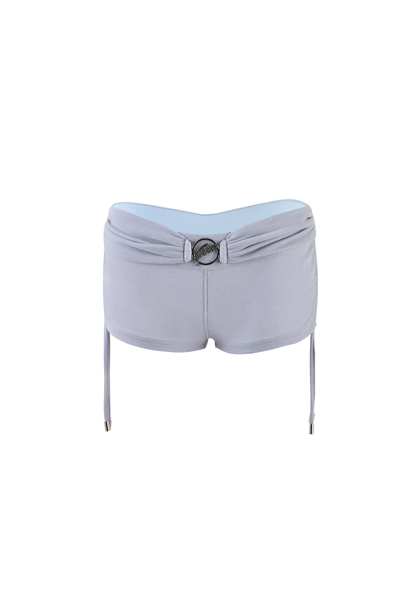 A pair of high-waisted, baby blue Kayna shorts by I.AM.GIA featuring a gathered waistband with a round black buckle at the center. The shorts have ties hanging down from each side at the hem.