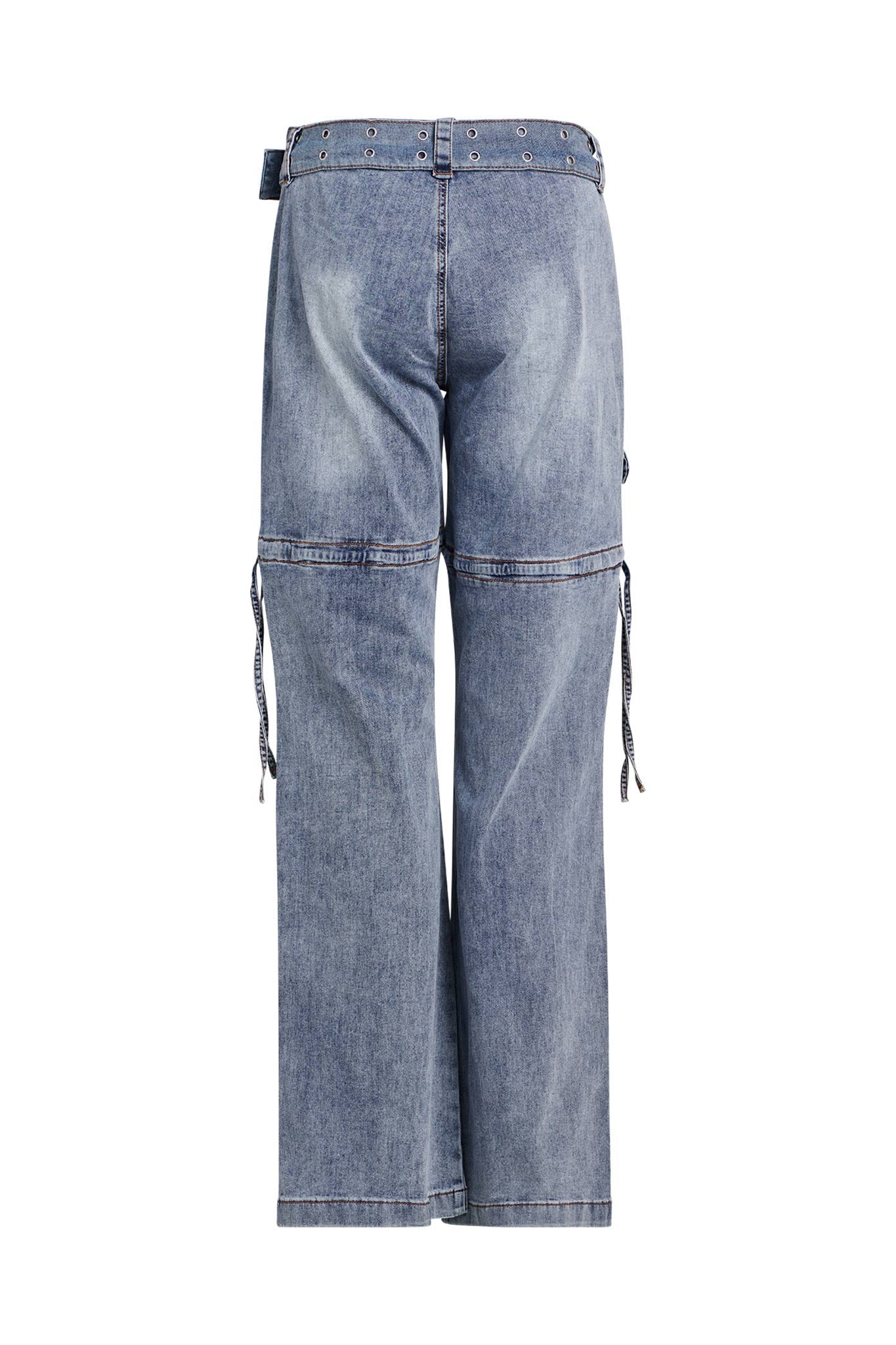 Back view of the NAIMA CARGO PANT - DENIM by I.AM.GIA. These loose-fitting, light-wash denim jeans feature decorative eyelets around the waistband and drawstrings at the knees. The legs are wide, contributing to a casual and relaxed style.