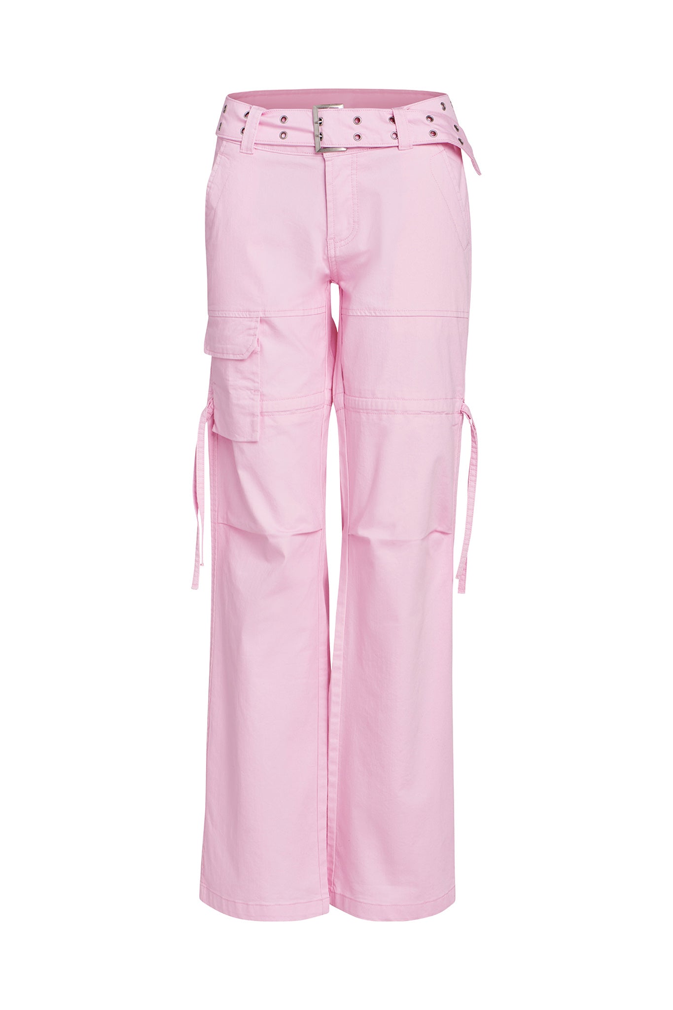 The NAIMA CARGO PANT - PINK BABY by I.AM.GIA features multiple pockets, a belt with silver eyelets and buckle, and drawstring details on the legs. These pants have a loose, relaxed fit and are displayed against a plain white background.