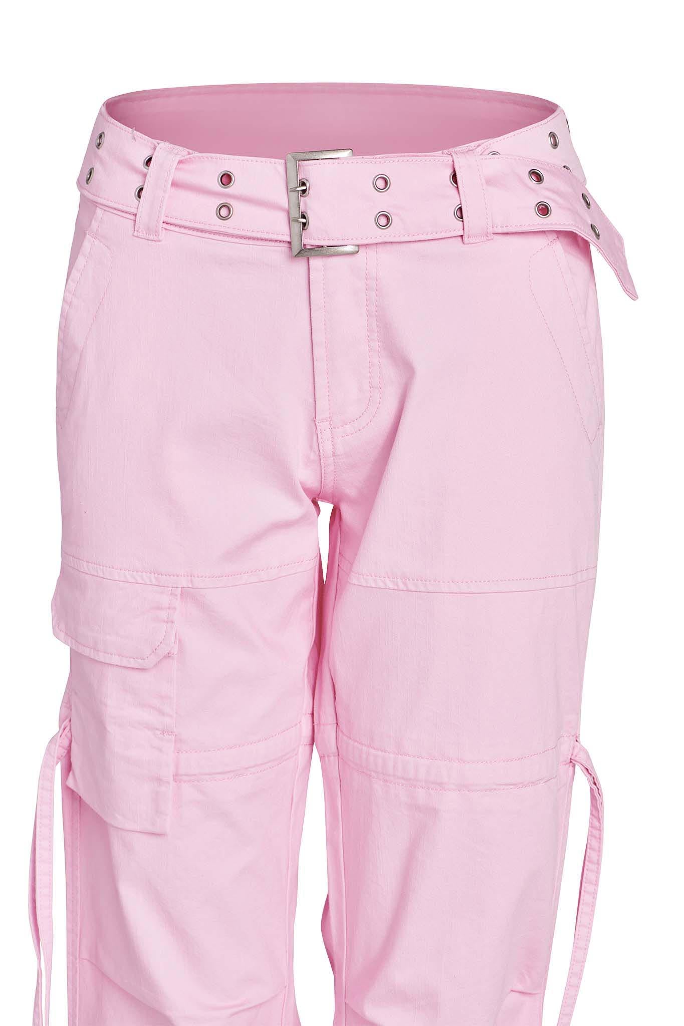 Introducing the NAIMA CARGO PANT - PINK BABY by I.AM.GIA, a pair of pastel pink cargo pants equipped with multiple pockets and side drawstrings. These relaxed-fit pants come with a coordinating pink belt that features a silver buckle and multiple metal eyelets, delivering both a casual and stylish appearance.