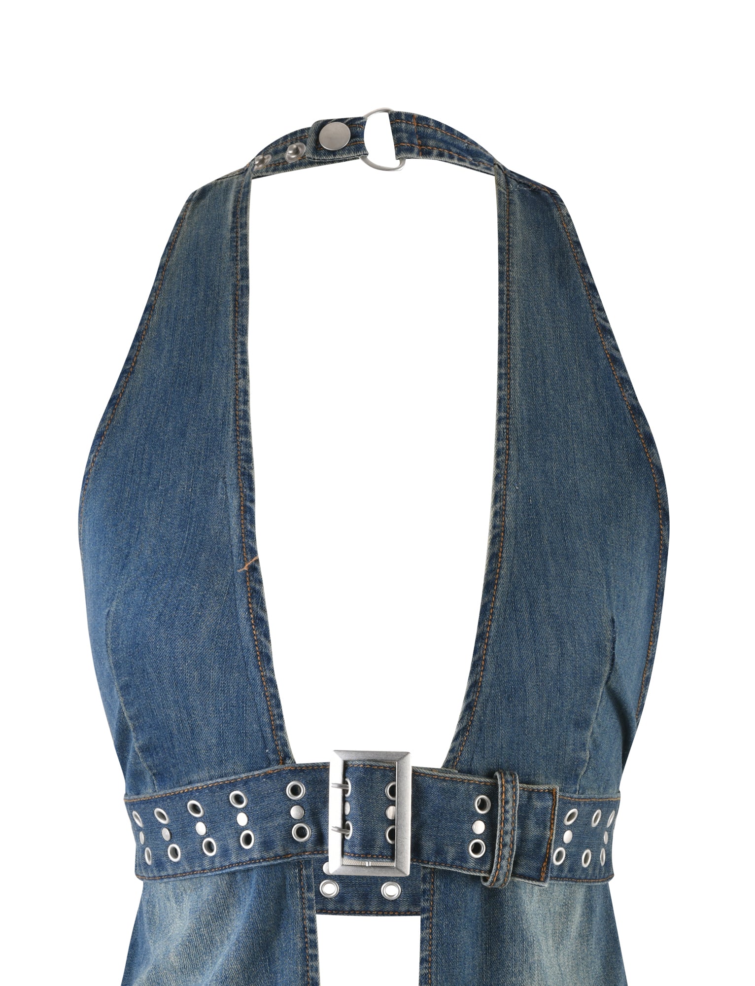 Close-up image of the SEQUOIA TOP - BLUE: DENIM BLUE from I.AM.GIA, featuring a plunging neckline and a silver buckle belt adorned with eyelet detailing. The halter top fastens at the neck with snaps and showcases a slightly faded wash. The fabric appears worn-in, adding to its vintage look.