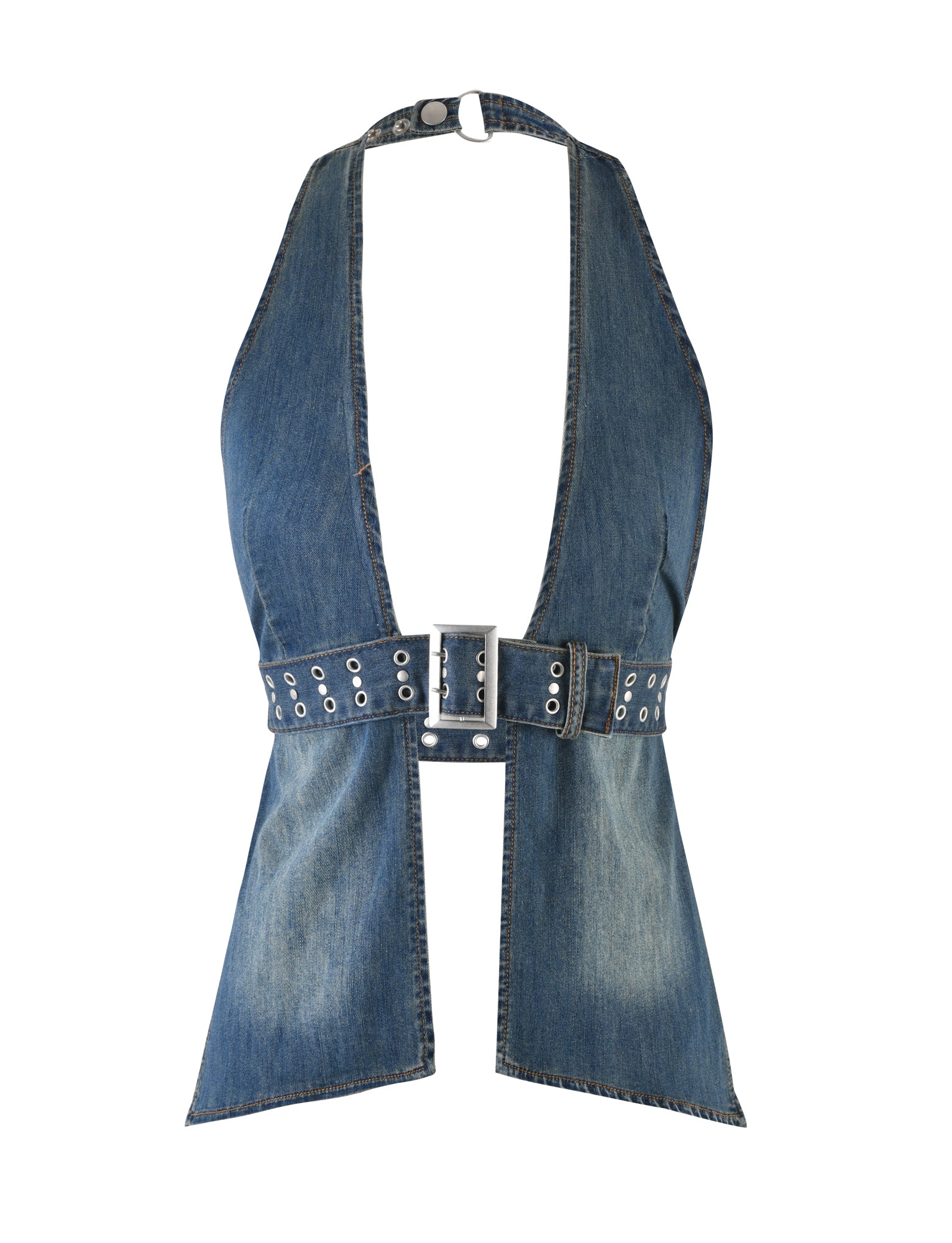 An image of the SEQUOIA TOP - BLUE by I.AM.GIA. This sleeveless denim halter top has a deep V-neck cut and includes a wide black belt with metal grommets and a rectangular buckle at the waist, offering a fitted look. The denim boasts a slightly faded, distressed wash for a vintage feel.