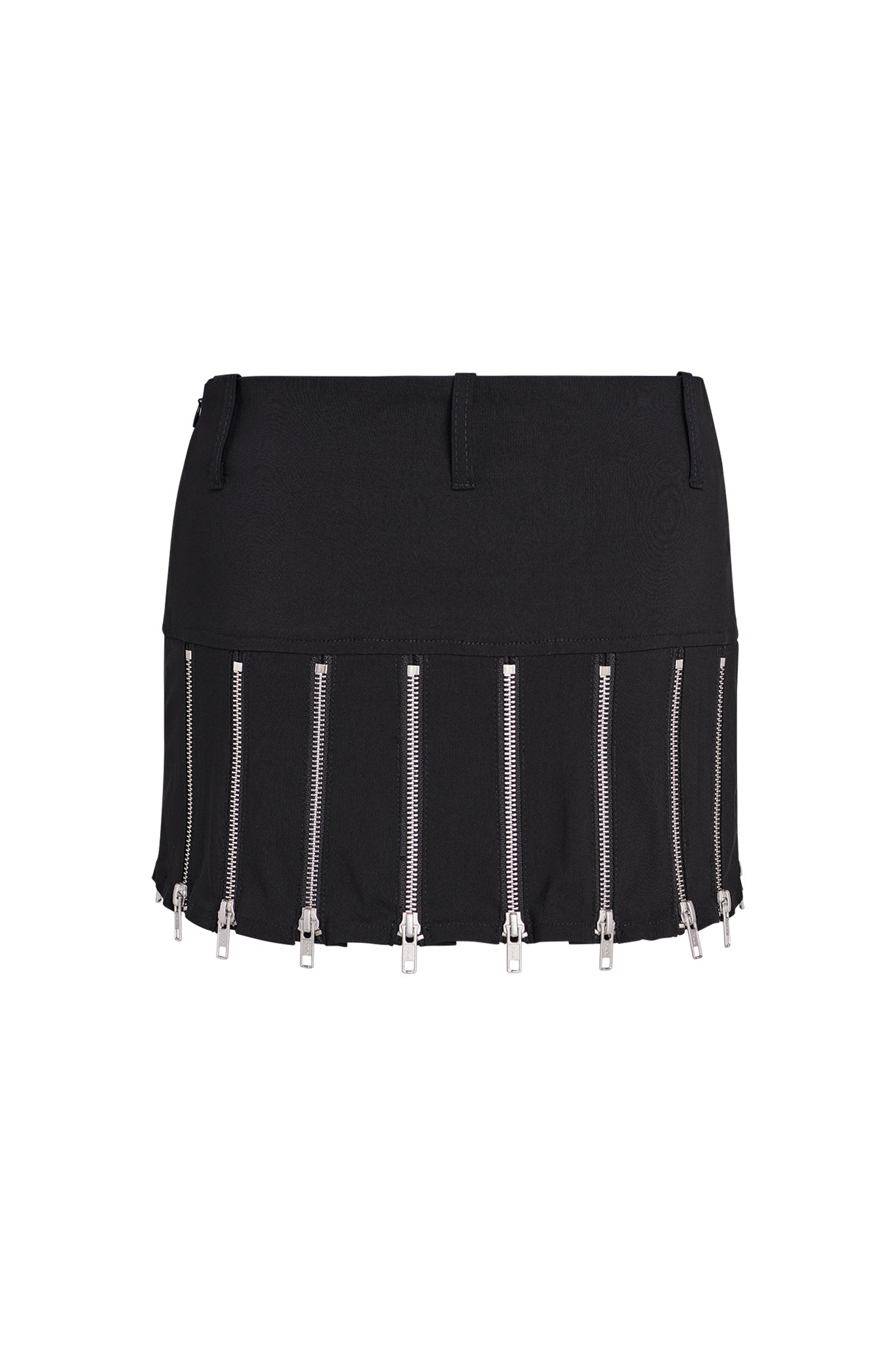 The CLAUDIA SKIRT - BLACK by I.AM.GIA features multiple vertical silver zippers hanging down from the hem. This black mini skirt is equipped with belt loops and a simple waistband, capturing a contemporary and edgy design.