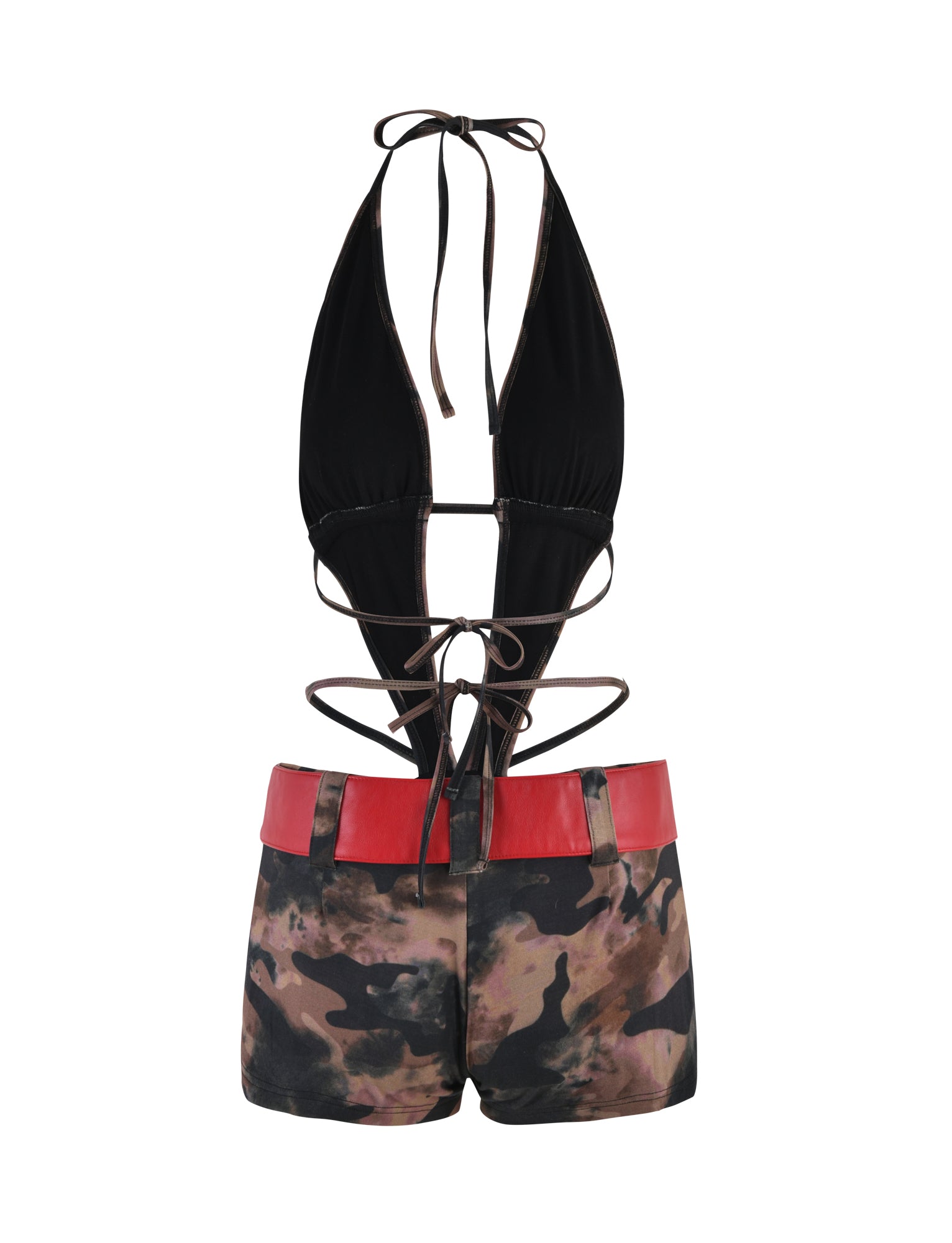 A back view of the LIANNA ROMPER - GREEN : CAMO by I.AM.GIA highlights its bodycon silhouette with a black halter-neck top. Multiple thin straps crisscross and tie at the back, complementing the camouflage-patterned shorts adorned with a red waistband.