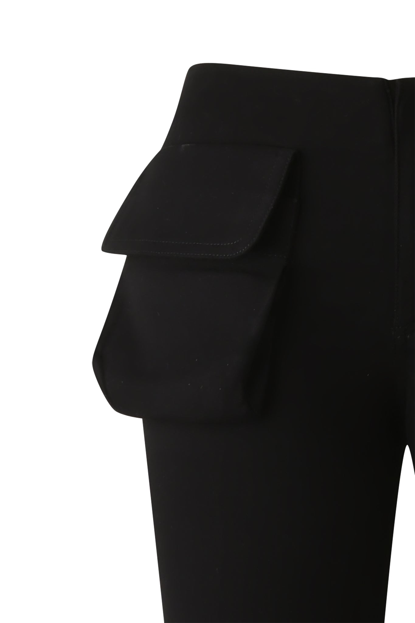 Close-up of the I.AM.GIA KIMANI PANT in black, highlighting its large, rectangular flap pocket on the upper thigh, displayed against a white background.