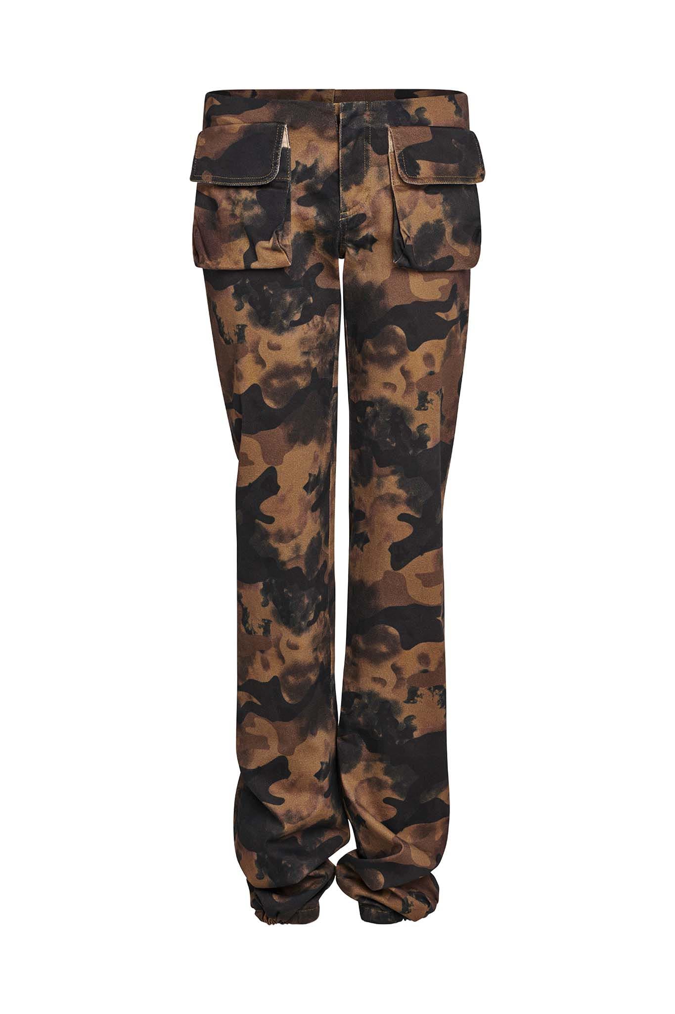 A pair of green camouflage Kimani Pants by I.AM.GIA, featuring large flap pockets on both sides near the upper portion. The pants have a loose fit design with slightly gathered hems at the bottom.