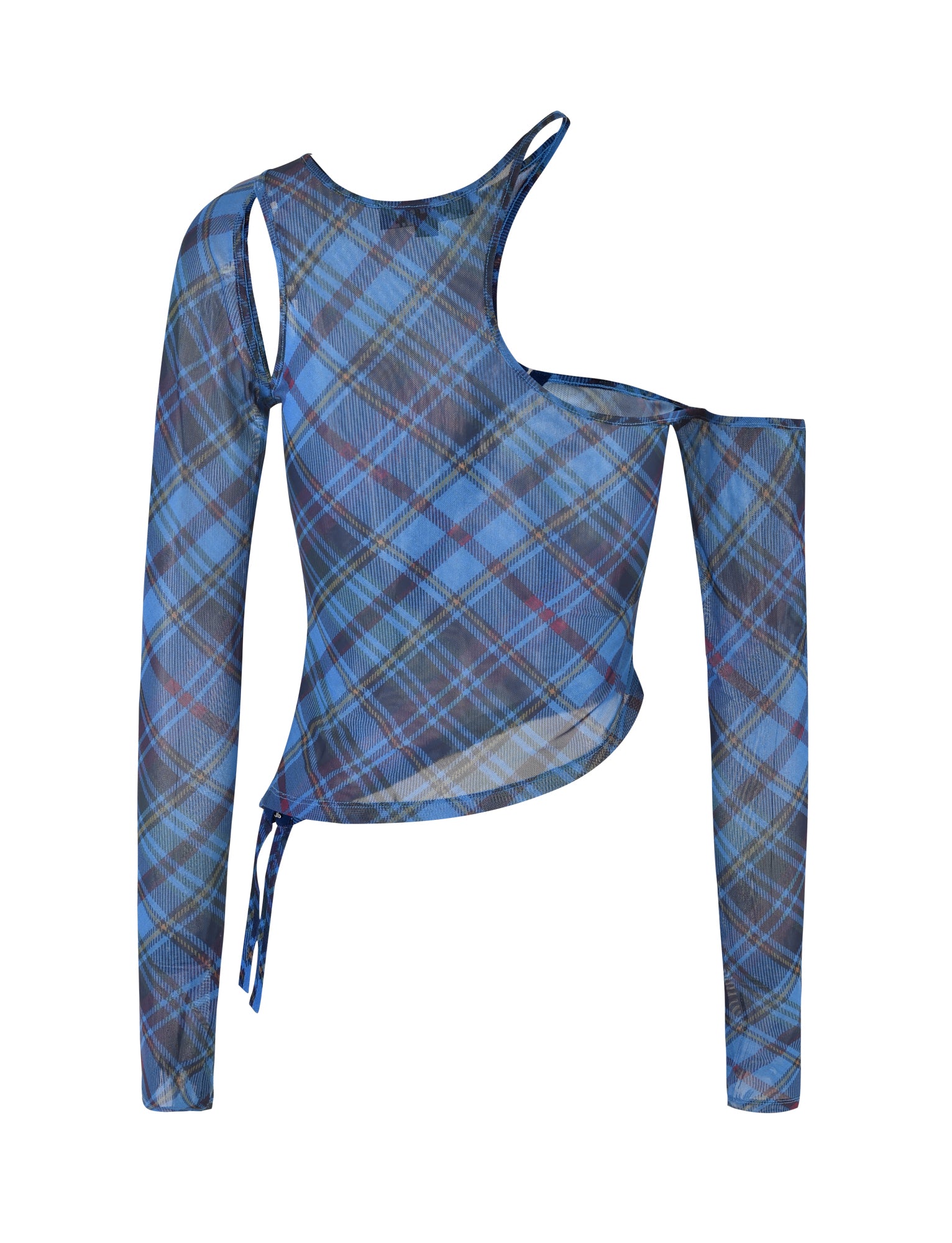 The ANAFER TOP - BLUE: PLAID by I.AM.GIA is a stylish asymmetrical long-sleeve top featuring a blue, black, gray, and red plaid pattern. It boasts one shoulder strap, one long sleeve on the left side, and a cut-out on the right shoulder for a unique and trendy design.