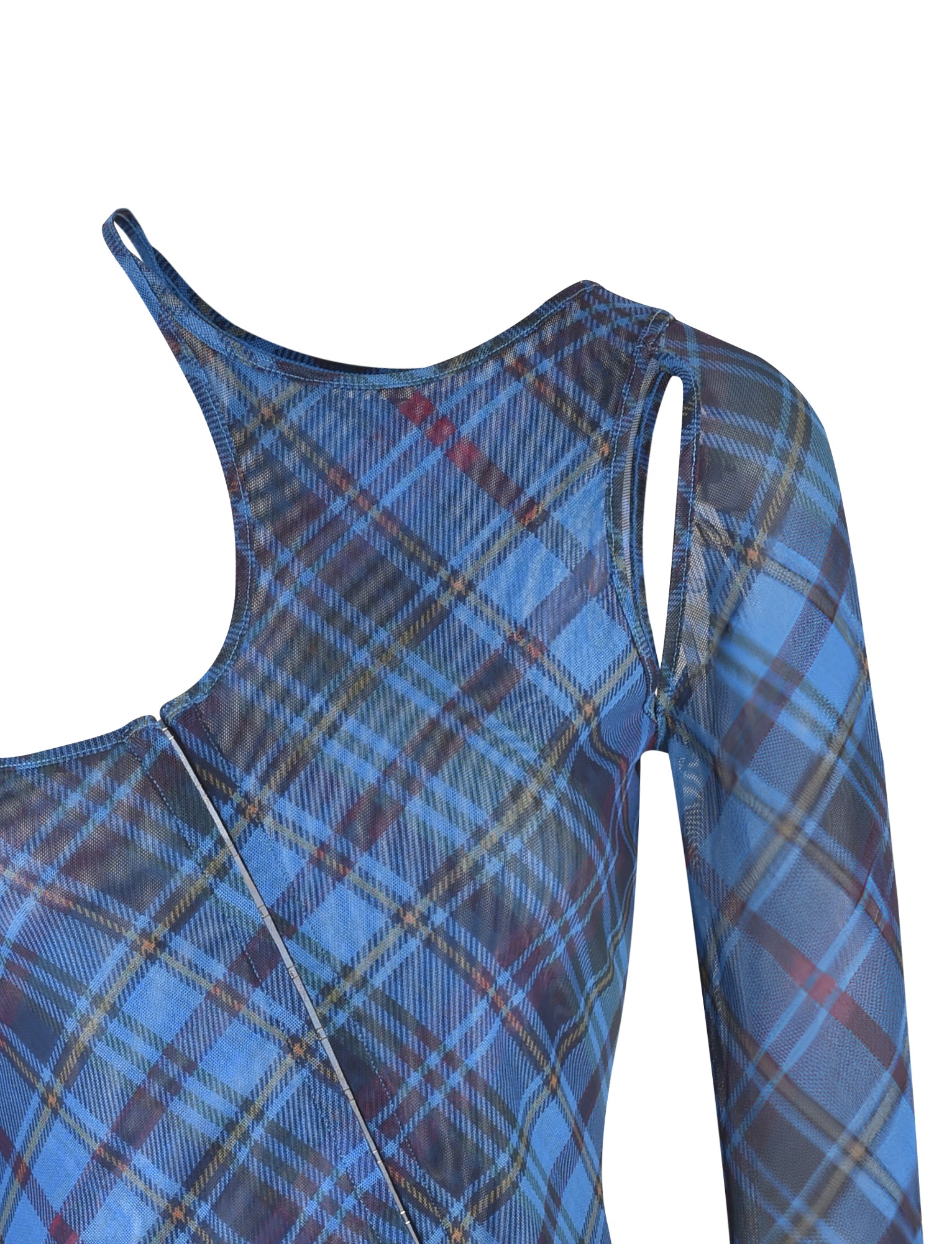Close-up of the ANAFER TOP - BLUE : PLAID by I.AM.GIA, a sleeveless garment with a unique blue and green tartan pattern. One side has a thin strap while the other extends to cover the shoulder and arm, featuring a cut-out detail near the shoulder.
