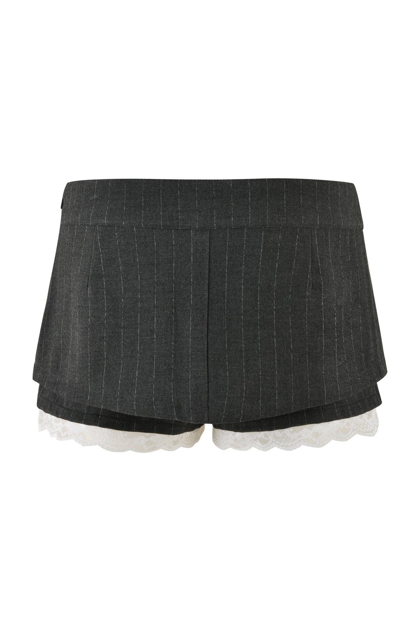 The MARRION SKORT - GREY : PINSTRIPE by I.AM.GIA is a dark gray pinstripe micro mini skort with white lace detailing along the bottom edge. It features two front pockets and a fitted, low-rise waistband, crafted from lightweight fabric that's suitable for casual wear.