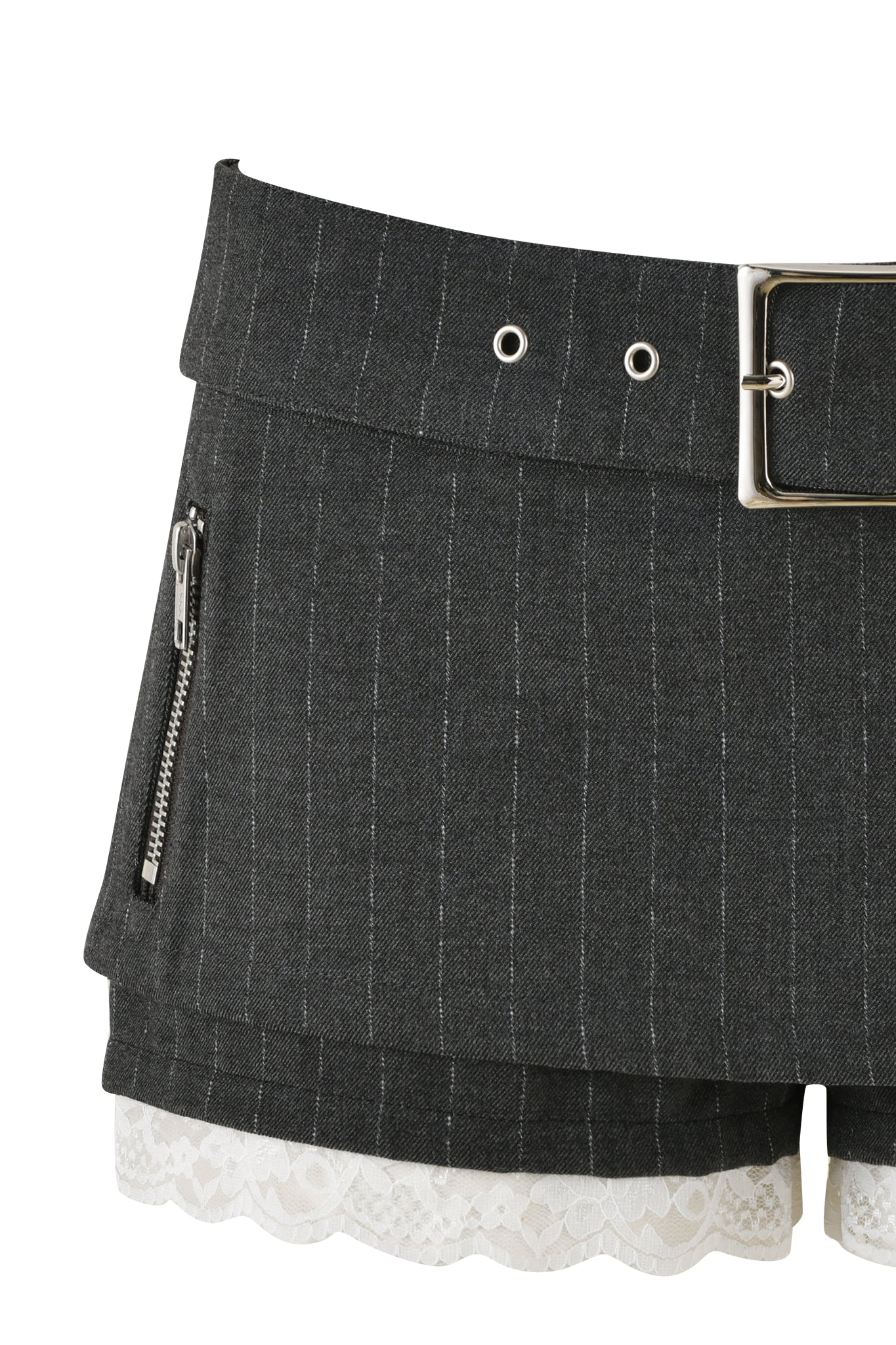 The MARRION SKORT - GREY : PINSTRIPE by I.AM.GIA is a dark gray pinstripe micro mini skort with white lace detailing along the bottom edge. It features two front pockets and a fitted, low-rise waistband, crafted from lightweight fabric that's suitable for casual wear.