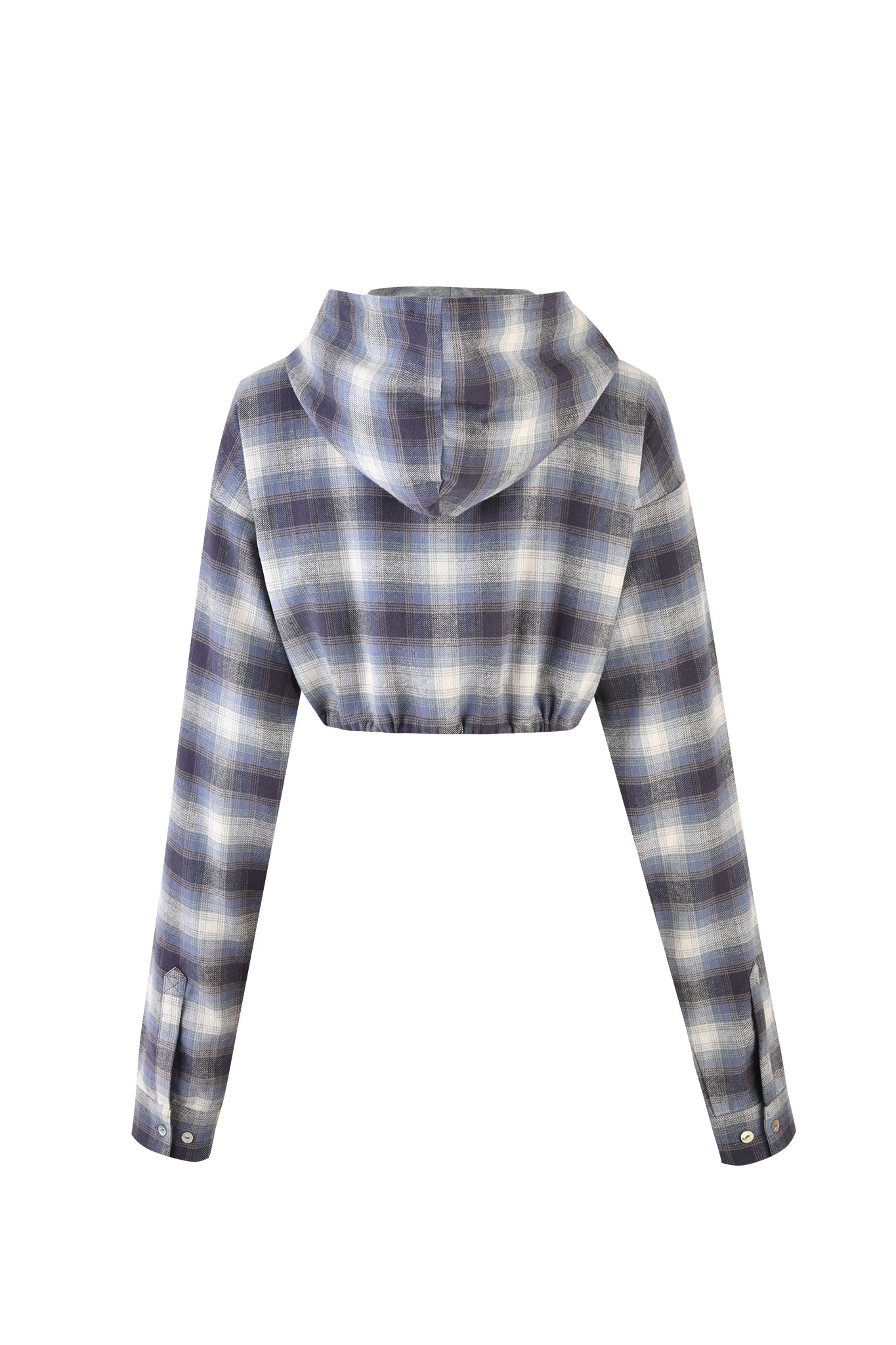 The back view of the TIFF JACKET - BLUE by I.AM.GIA showcases its cropped design with long sleeves and a hood. The jacket features a blue and white plaid pattern and buttoned cuffs.