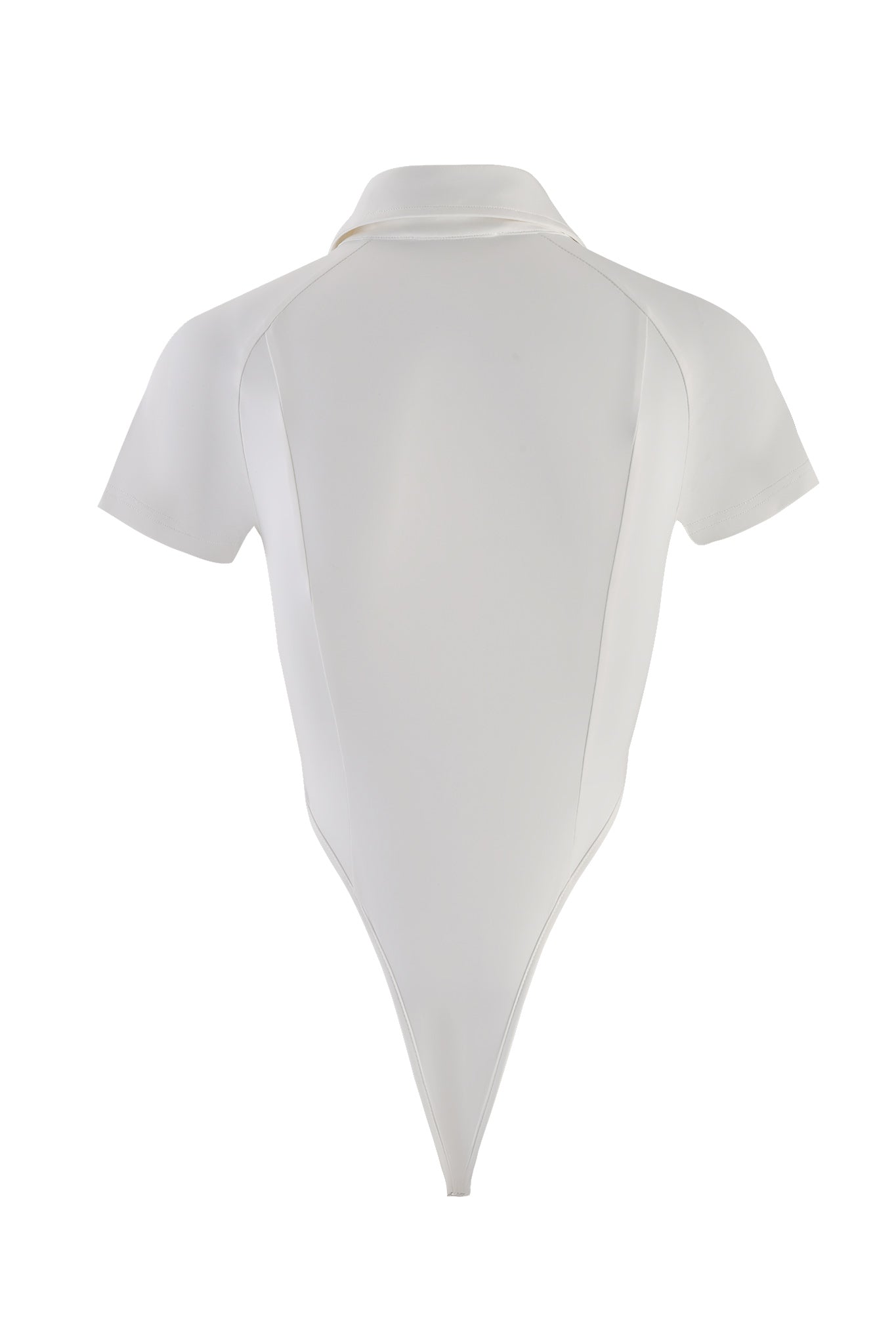 The image showcases a back view of the TARA BODYSUIT - WHITE by I.AM.GIA, featuring a collared, short-sleeve design with a sleek and seamless finish. The fabric appears smooth and form-fitting, extending down into a thong-style bottom.