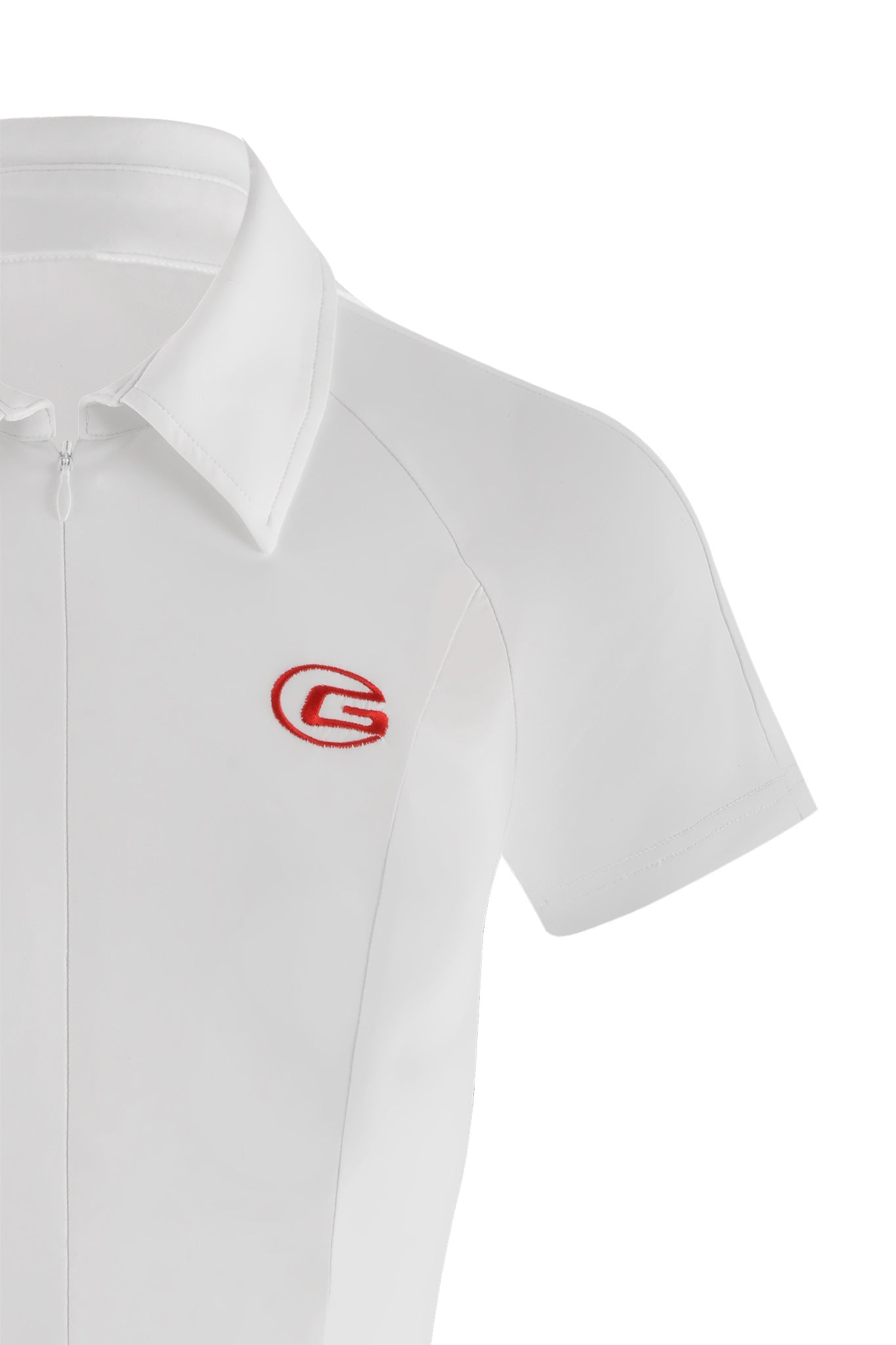 A close-up of a TARA BODYSUIT - WHITE from I.AM.GIA, featuring a red and black I.AM.GIA logo on the left side of the chest with a stylized letter "G" inside an oval. The bodysuit has short sleeves, a zippered front, and a collar.