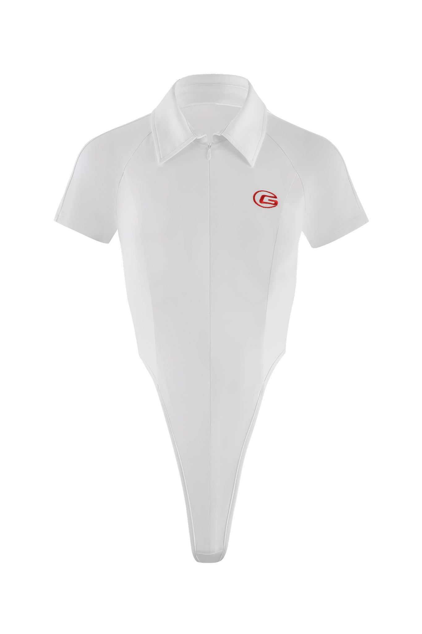 The TARA BODYSUIT - WHITE by I.AM.GIA is a white, short-sleeved collared bodysuit with a front zipper and an embroidered red and black "C" logo on the left chest area. It boasts a form-fitting design with a thong-style bottom.