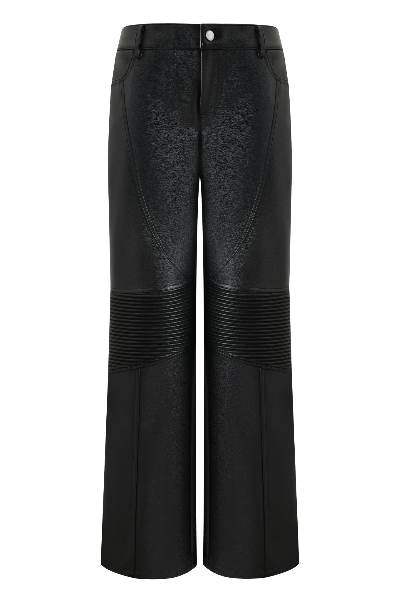 The KRISTIE PANT - BLACK by I.AM.GIA features a high waist, wide legs, faux leather finish, front and back stitching, ribbed panels above the knees, and a silver button closure at the waistband.