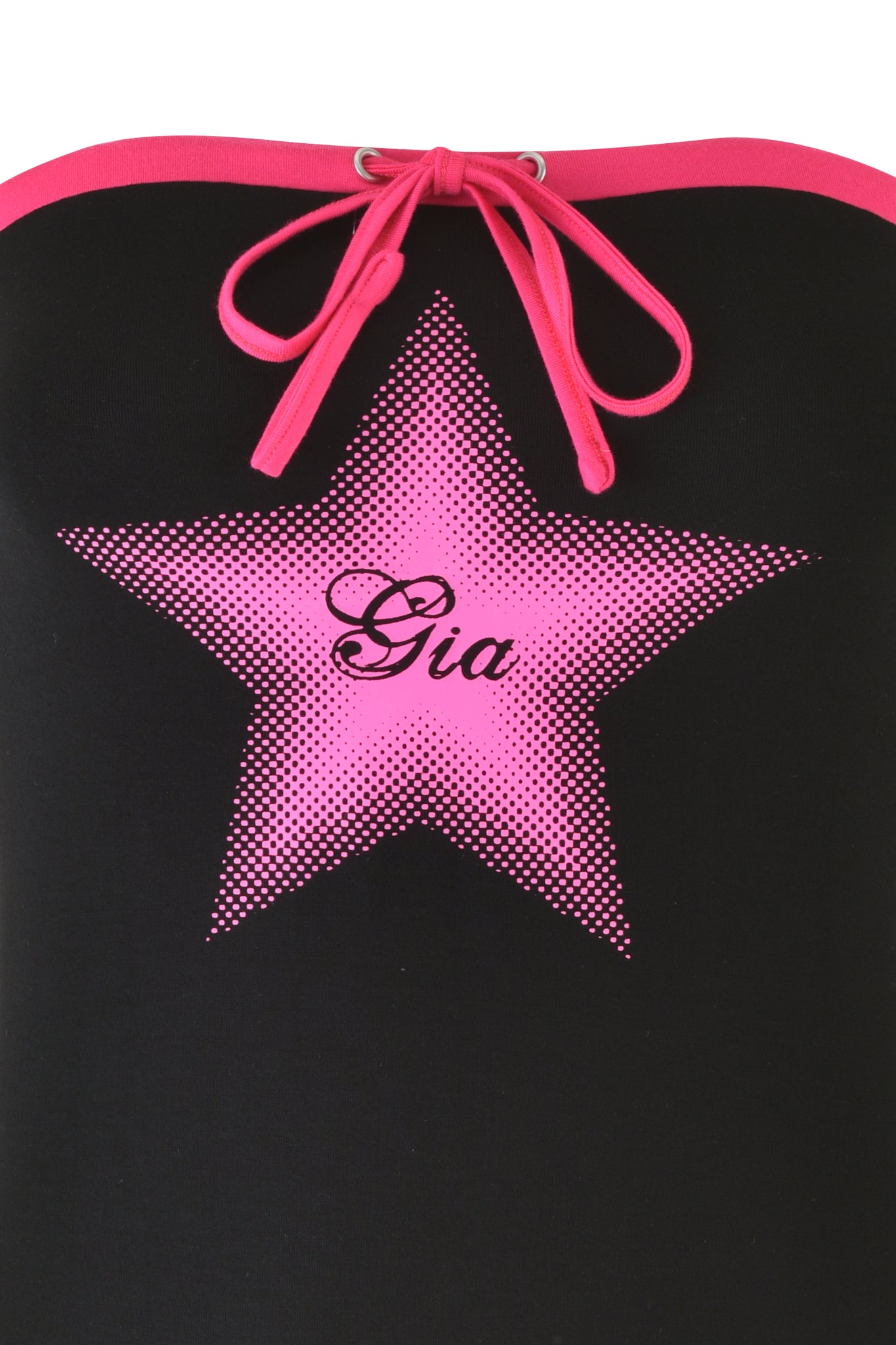 The MICHELLE BOOB TUBE - BLACK by I.AM.GIA showcases a black bamboo fabric decorated with the unique Gia star design at its center. The cursive "Gia" inscription embellishes the star, and a pink tie at the neckline adds both style and security, making it a chic and sustainable option.