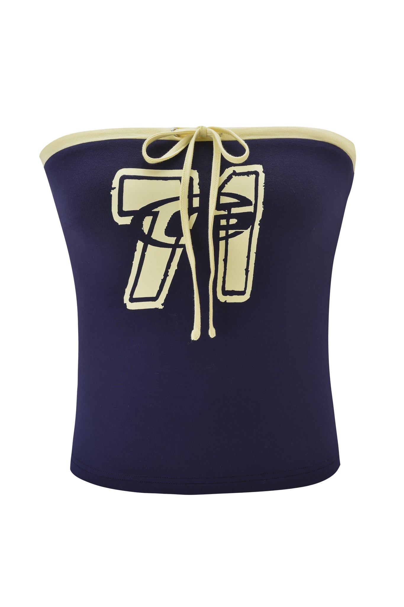 The MICHELLE BOOB TUBE - NAVY by I.AM.GIA is a navy strapless bodycon top with a yellow trim and bow, featuring a bold "71" graphic and abstract eye design on the front.