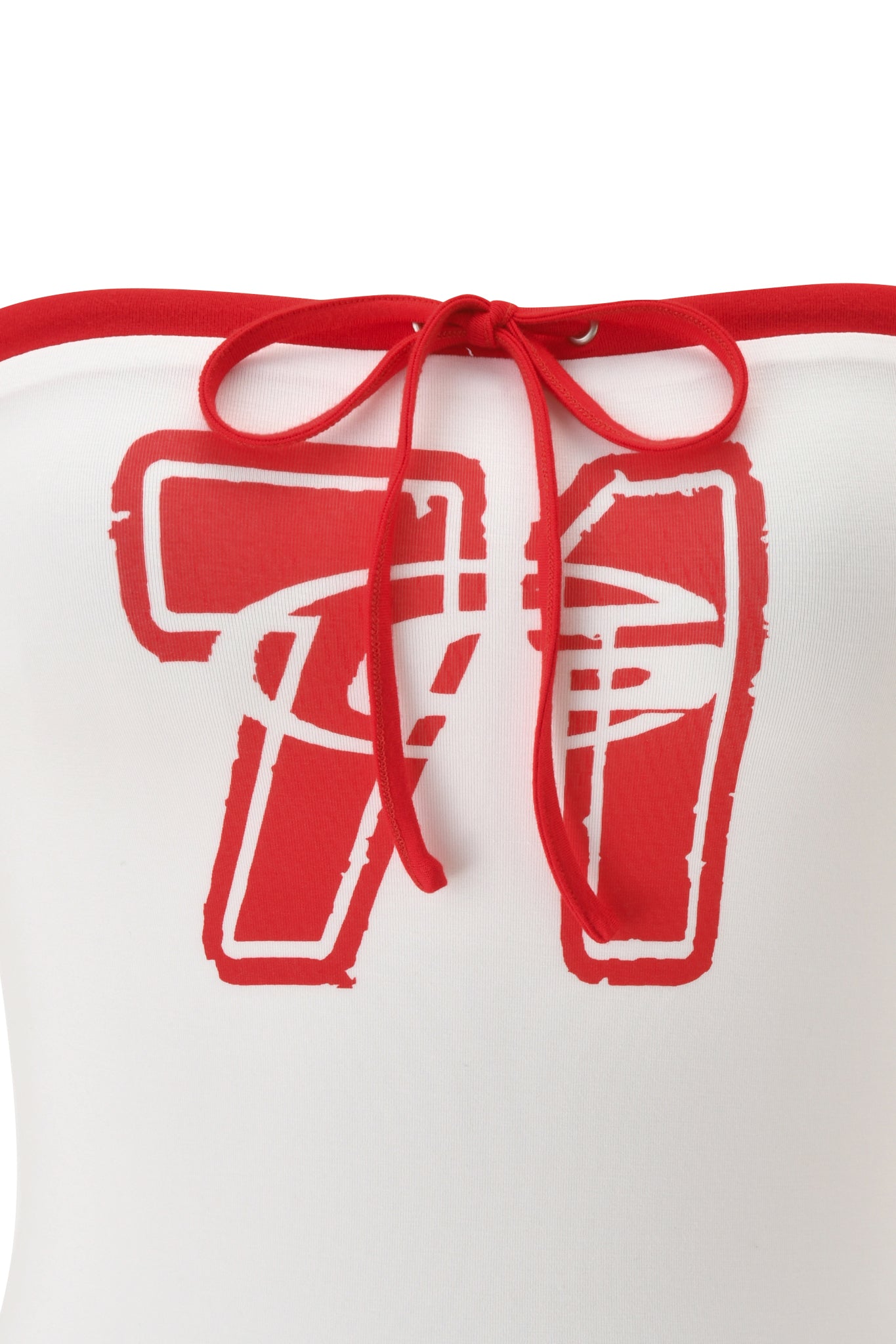 Close-up of the I.AM.GIA MICHELLE BOOB TUBE in white, featuring red trim, a bow-tied red string at the top, and a bold distressed "77" graphic for a sporty, standout strapless look.