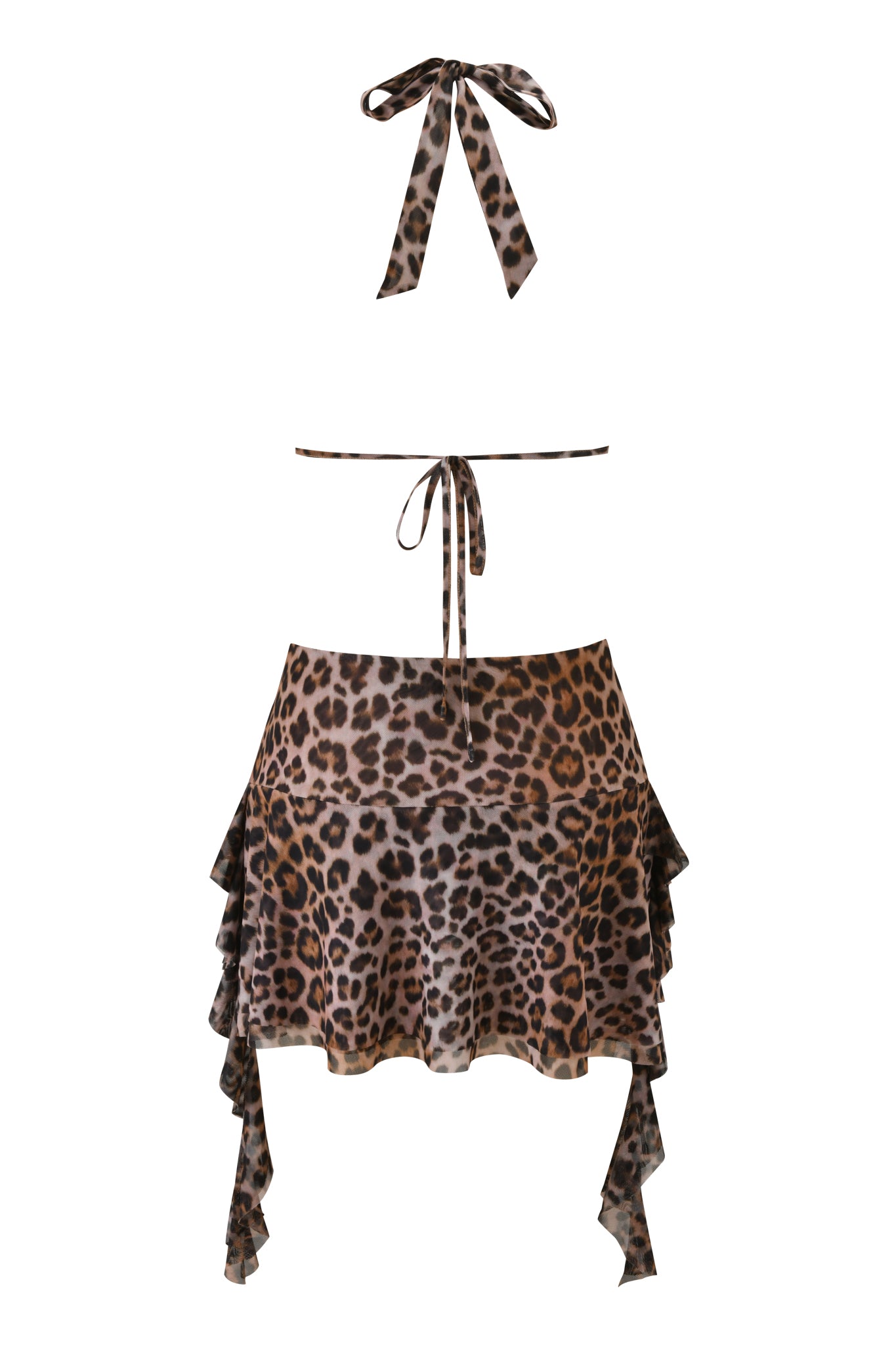 The IRISIA MINI DRESS - LEOPARD MESH by I.AM.GIA features a bold brown and black leopard print in a playful, asymmetrical mini dress design inspired by the fierce style of classic leopard ensembles.