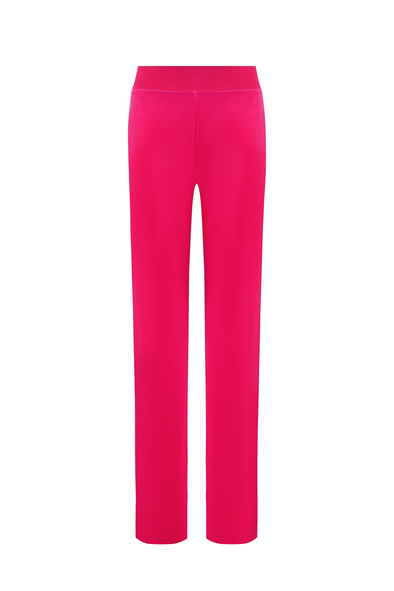 The STACEY VELOUR PANT - PINK : HOT PINK from I.AM.GIA features a high waistband and straight-cut design. Displayed against a white background, these vibrant pink pants showcase their sleek silhouette perfectly.