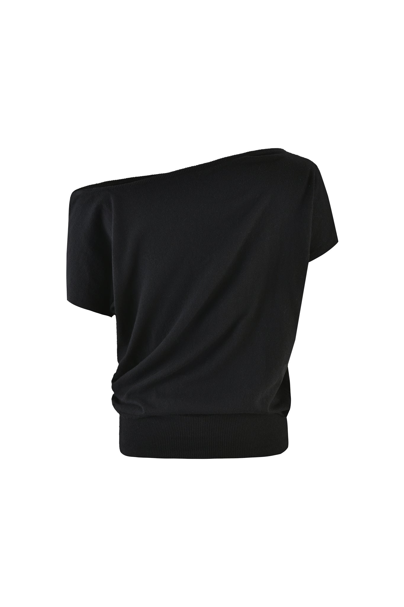 The GISELLE SHORT SLEEVE TOP - BLACK by I.AM.GIA features an off-the-shoulder style with an asymmetrical neckline, crafted in fully fashioned knit fabrication. The soft, slightly draped fabric creates elegant folds, while the fitted bottom hem ensures a chic and modern look. Displayed on a plain white background.