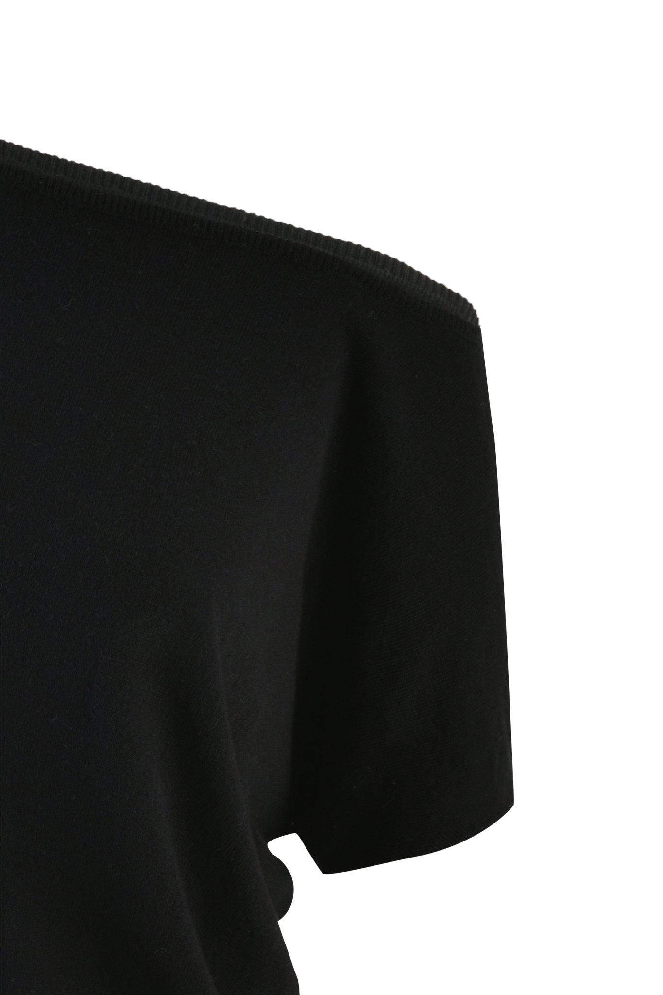Close-up of the I.AM.GIA GISELLE SHORT SLEEVE TOP - BLACK, focusing on the shoulder and upper arm area. The fabric appears smooth and stretchy, with a clean, slightly curved seam along the top. The white background highlights the details of this fully fashioned knit fabrication.