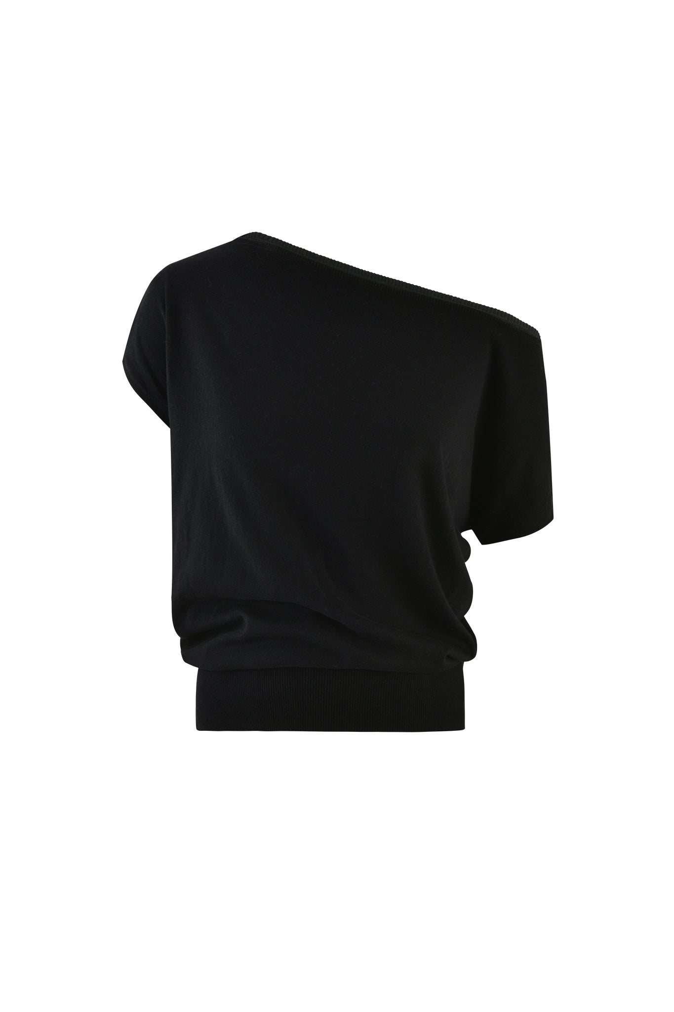 The GISELLE SHORT SLEEVE TOP - BLACK by I.AM.GIA is showcased against a white background. This stylish off-the-shoulder top, made from fully fashioned knit fabrication, features short sleeves, a fitted waistband, and a loose upper section for an asymmetrical look.