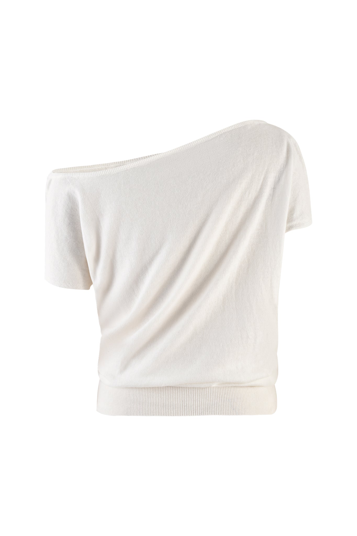 The GISELLE SHORT SLEEVE TOP - WHITE by I.AM.GIA is a light beige, off-the-shoulder top featuring short sleeves and ribbed detailing. The fabric appears soft and slightly fitted, with a banded waistline for added structure. The design is asymmetrical with one shoulder exposed, set against a plain white background.
