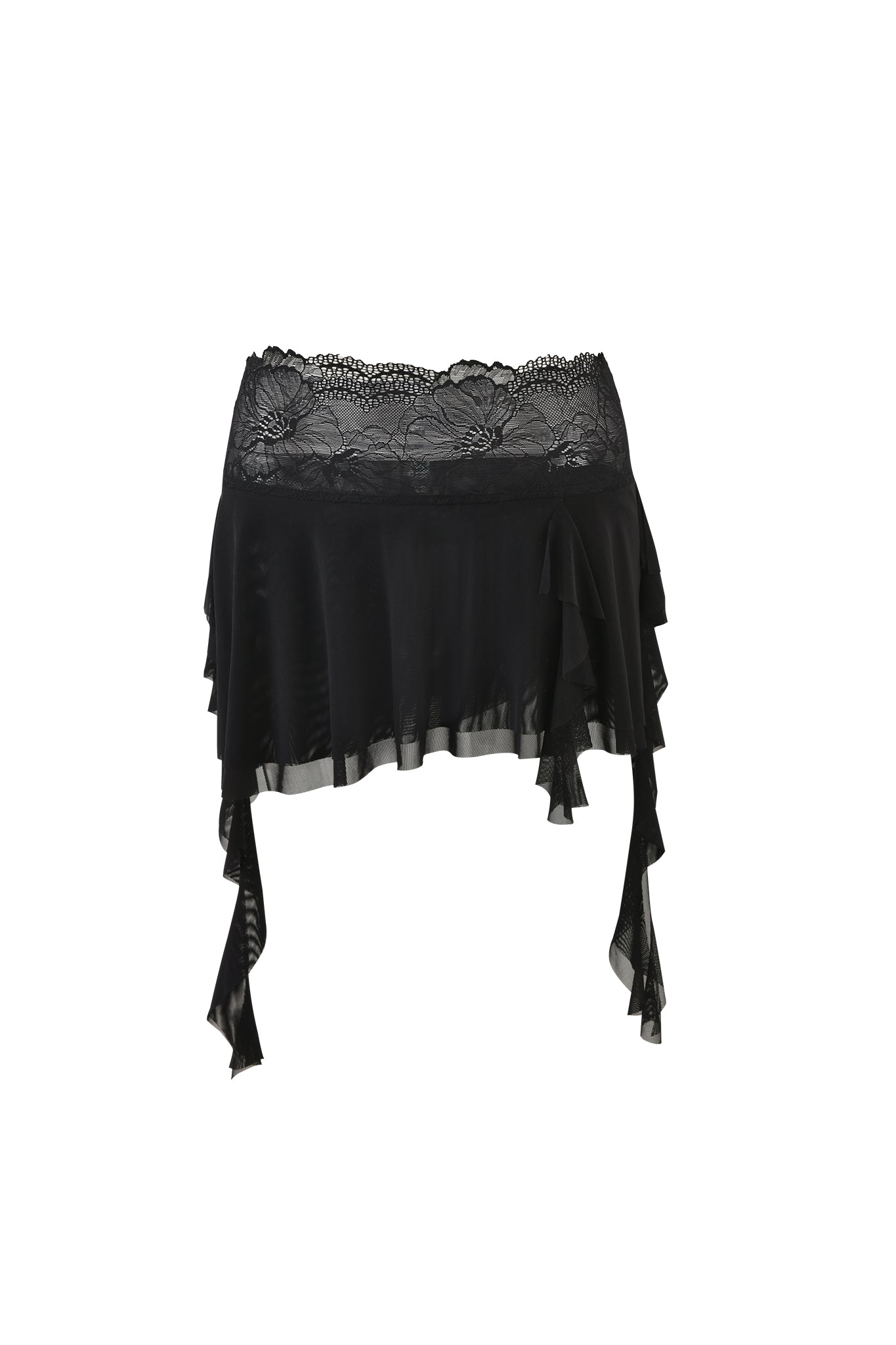 An off-the-shoulder black top adorned with delicate lace at the neckline and cascading asymmetrical ruffles pairs seamlessly with the I.AM.GIA SILO SKIRT - BLACK, a mini-length skirt. This semi-transparent, flowy fabric ensemble offers an elegant and feminine look.