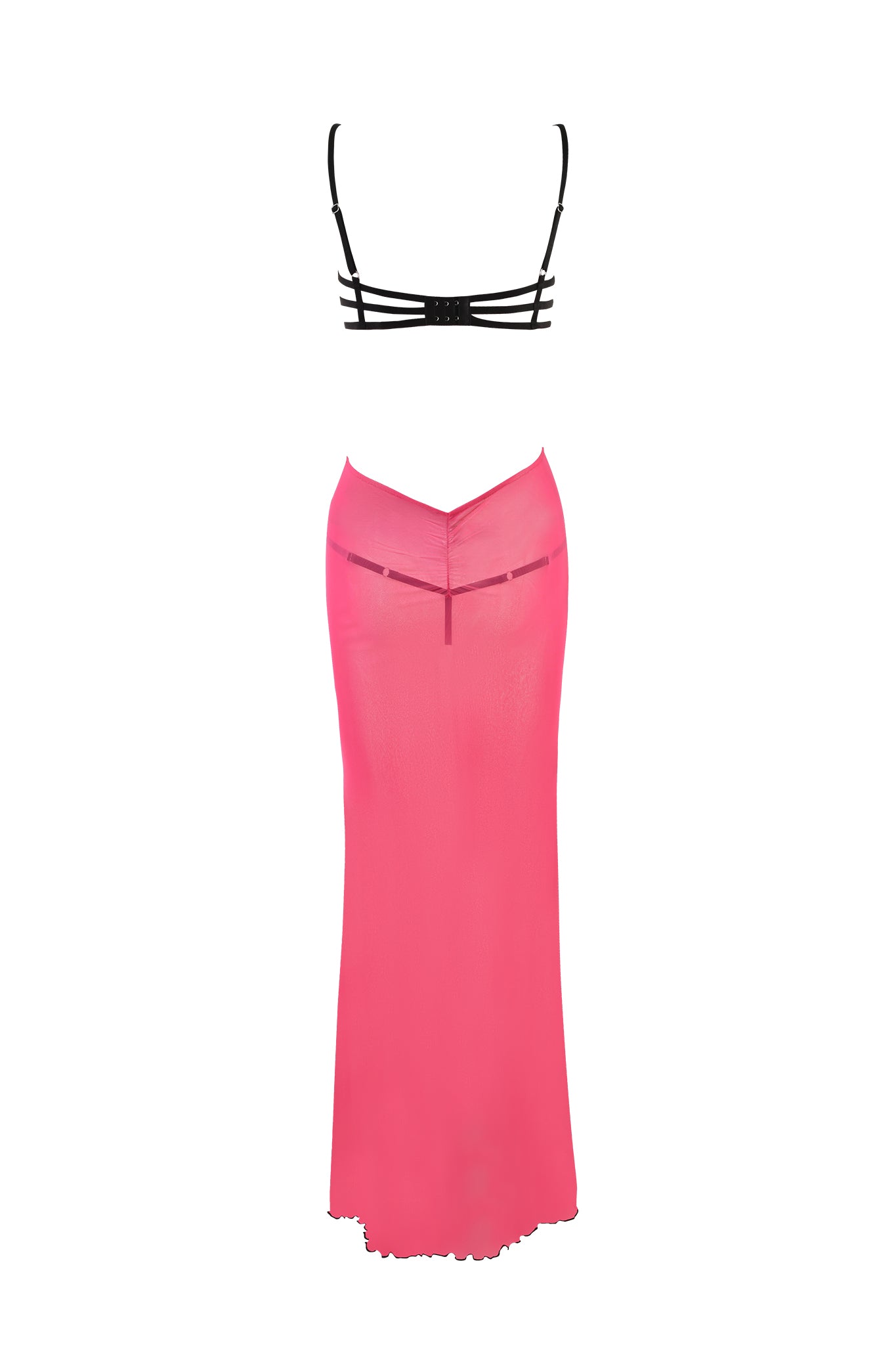 The SILO MAXI DRESS by I.AM.GIA features a black strappy bralette paired with a high-waisted, floor-length hot pink skirt. The bralette is designed with multiple thin horizontal straps, while the form-fitting skirt has a slight sheer quality. This ensemble captures the elegance of a maxi-length dress against a pristine white background.