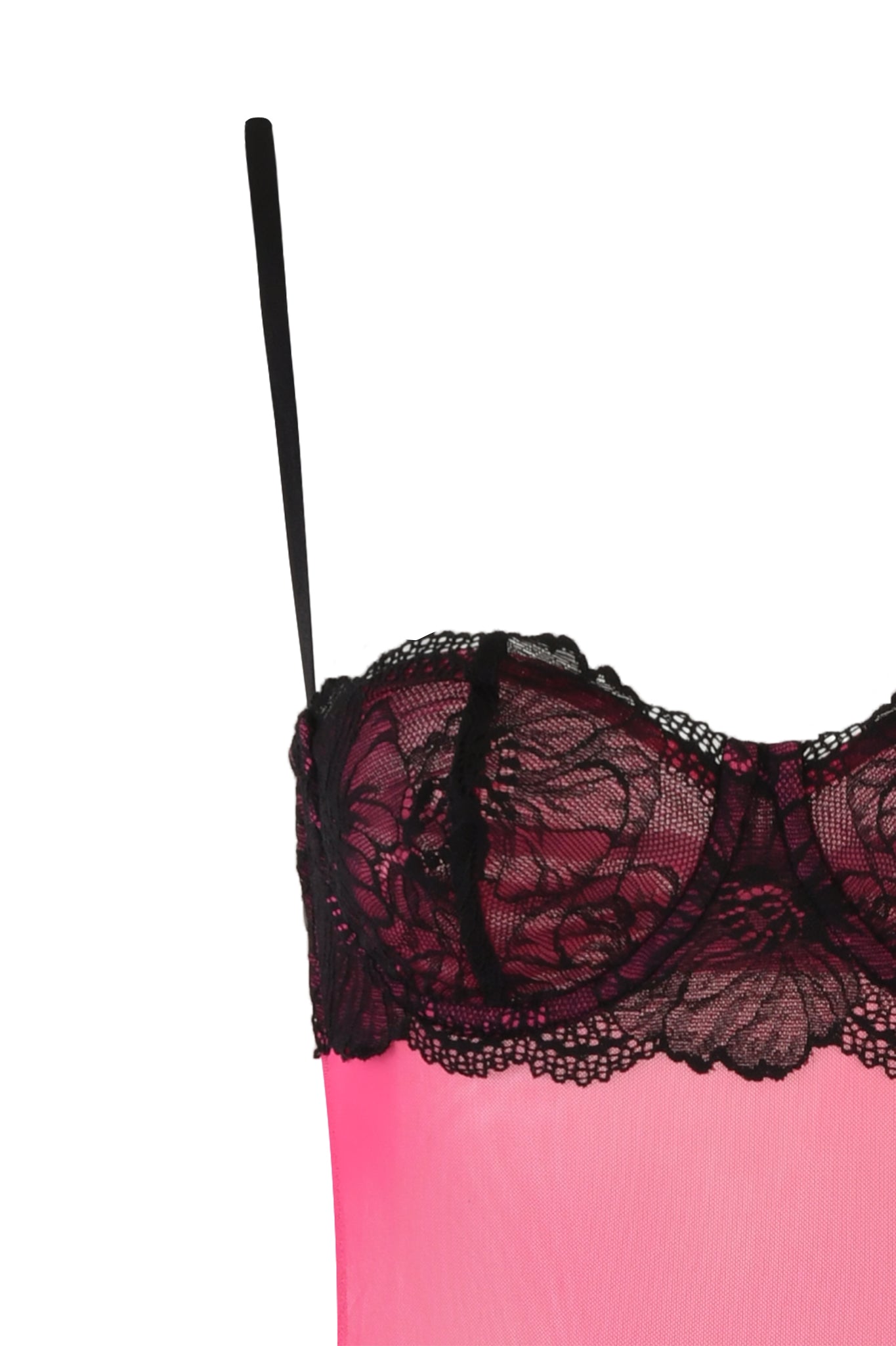 Close-up of a silky, hot pink SILO MAXI DRESS by I.AM.GIA with black lace detailing. The thin black straps complement the floral lace overlay on the bust area, exuding elegance similar to a sheer mesh dress.