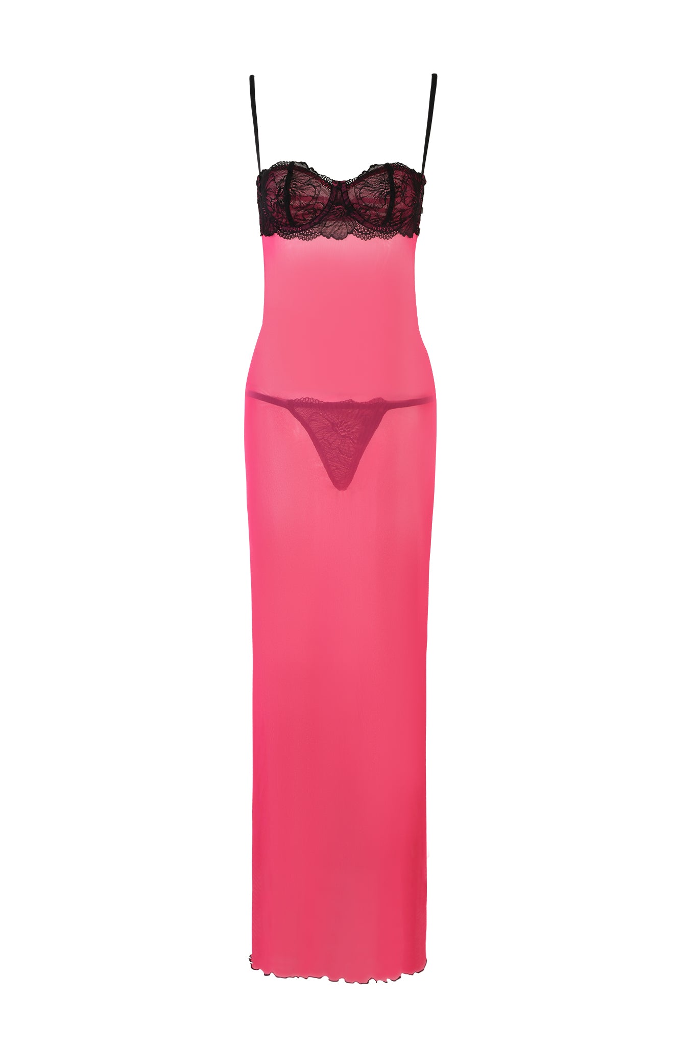 The SILO MAXI DRESS - PINK : HOT PINK by I.AM.GIA is a long, sleeveless lingerie dress with black lace trim at the bust. Made from semi-sheer mesh material, it reveals a matching pink g string underneath. This maxi length dress features thin shoulder straps and extends to the ankles.