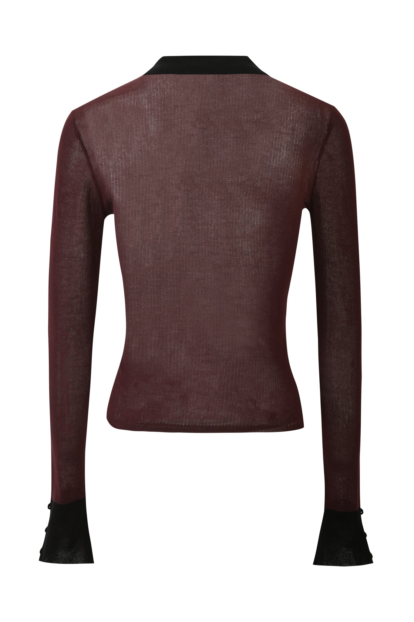 The I.AM.GIA DAVINA TOP in brown is a sheer knit long-sleeve top with black cuffs and collar, displayed from the back on a plain white background.