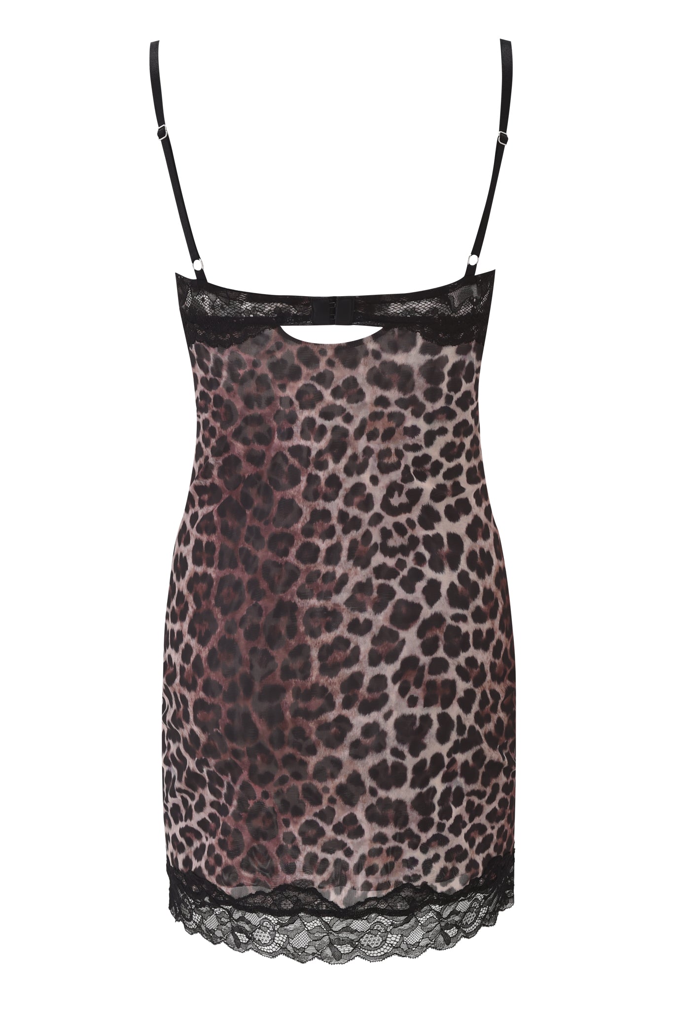 The CALYPSO MINI DRESS - LEOPARD by I.AM.GIA is a sheer leopard mesh mini dress with black lace hem accents, a small bow at the back neckline, and thin adjustable spaghetti straps for a sultry finish.