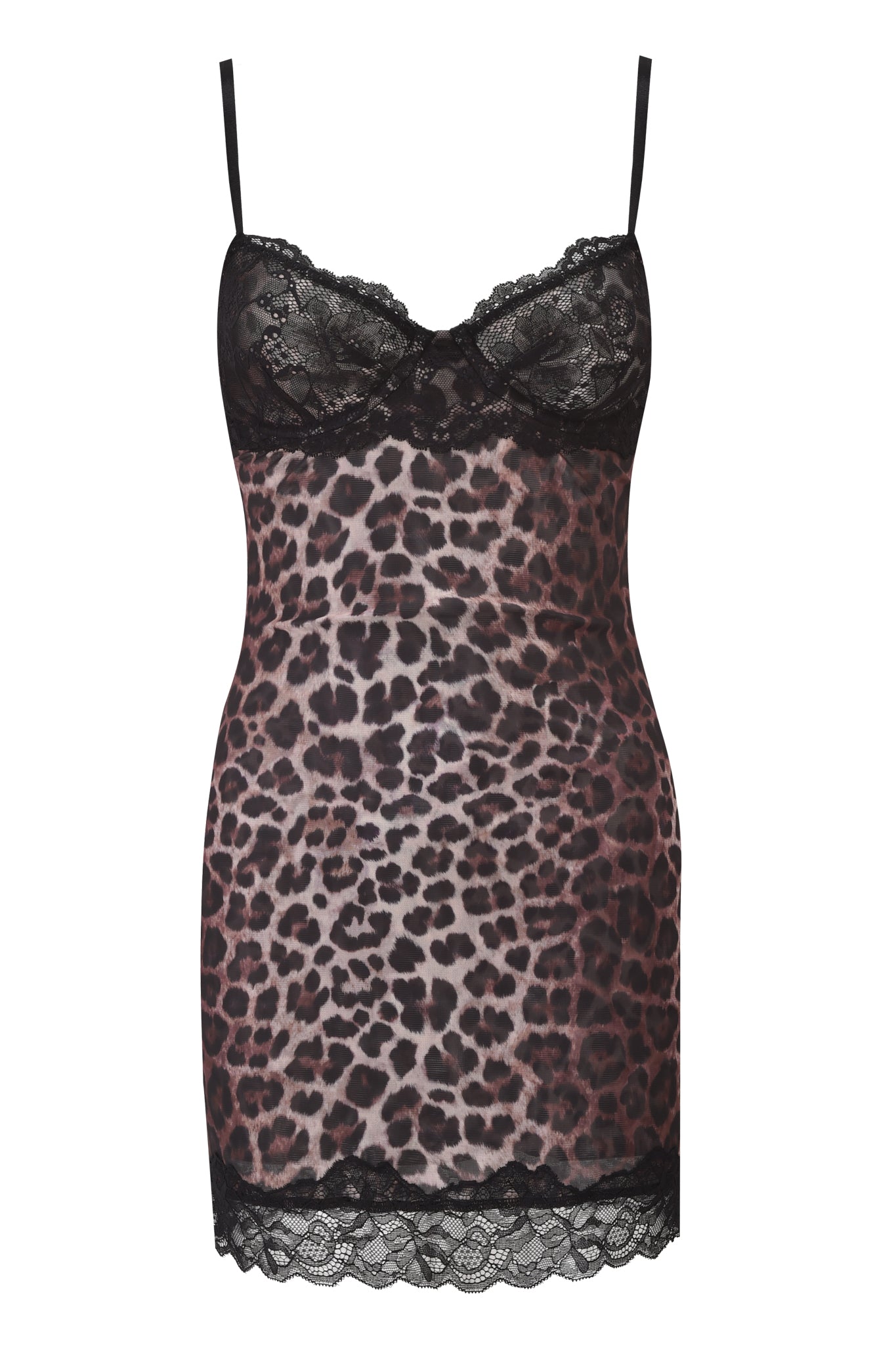 The CALYPSO MINI DRESS - LEOPARD by I.AM.GIA is a sleeveless slip dress with thin straps, black lace accents on the bust, and a sheer leopard print mesh body.