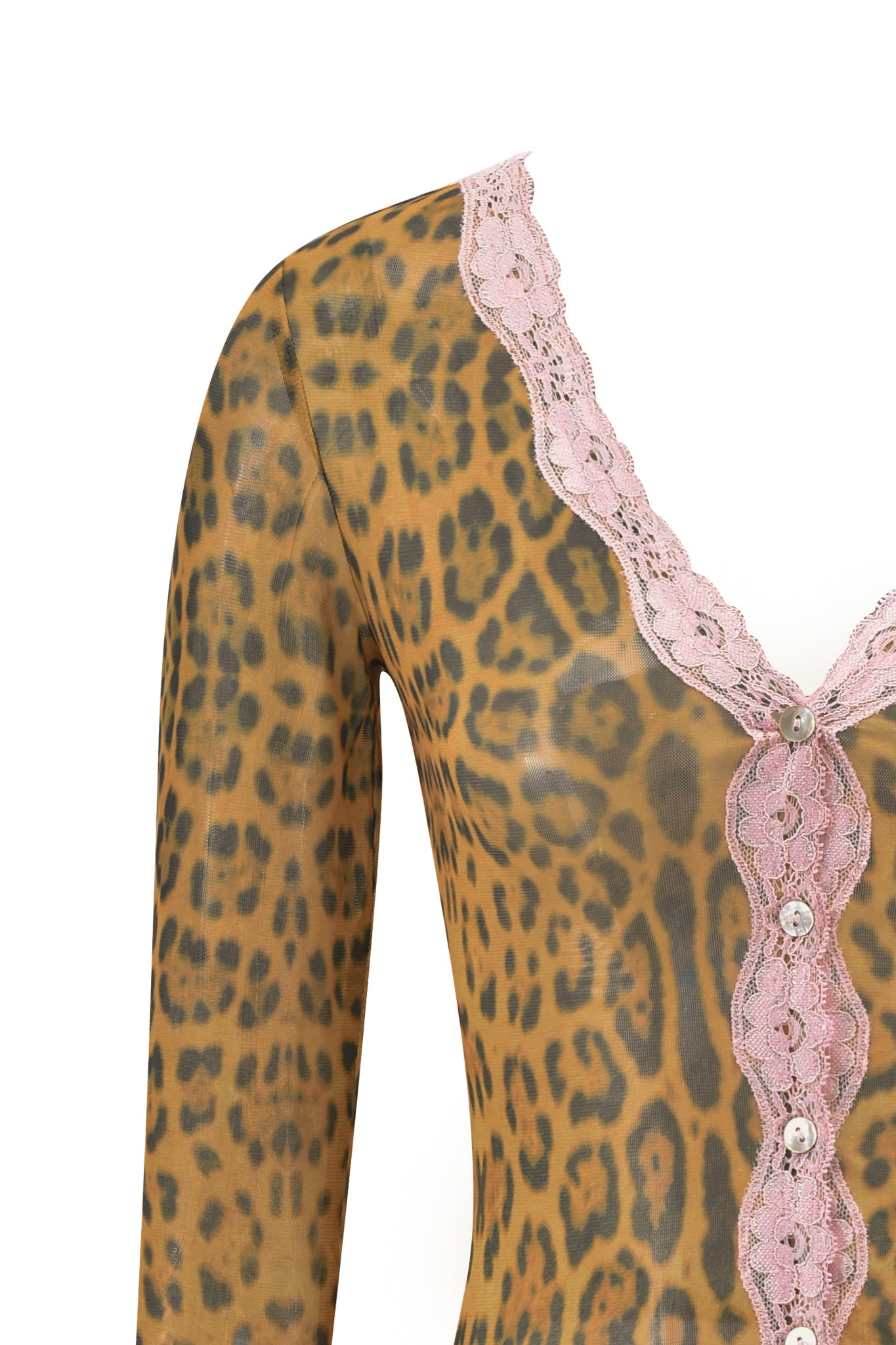 The TASHI TOP - PANTHERA by I.AM.GIA is a long-sleeve mesh cardigan with a cheetah print, featuring a deep V-neckline trimmed in pink lace and front buttons.