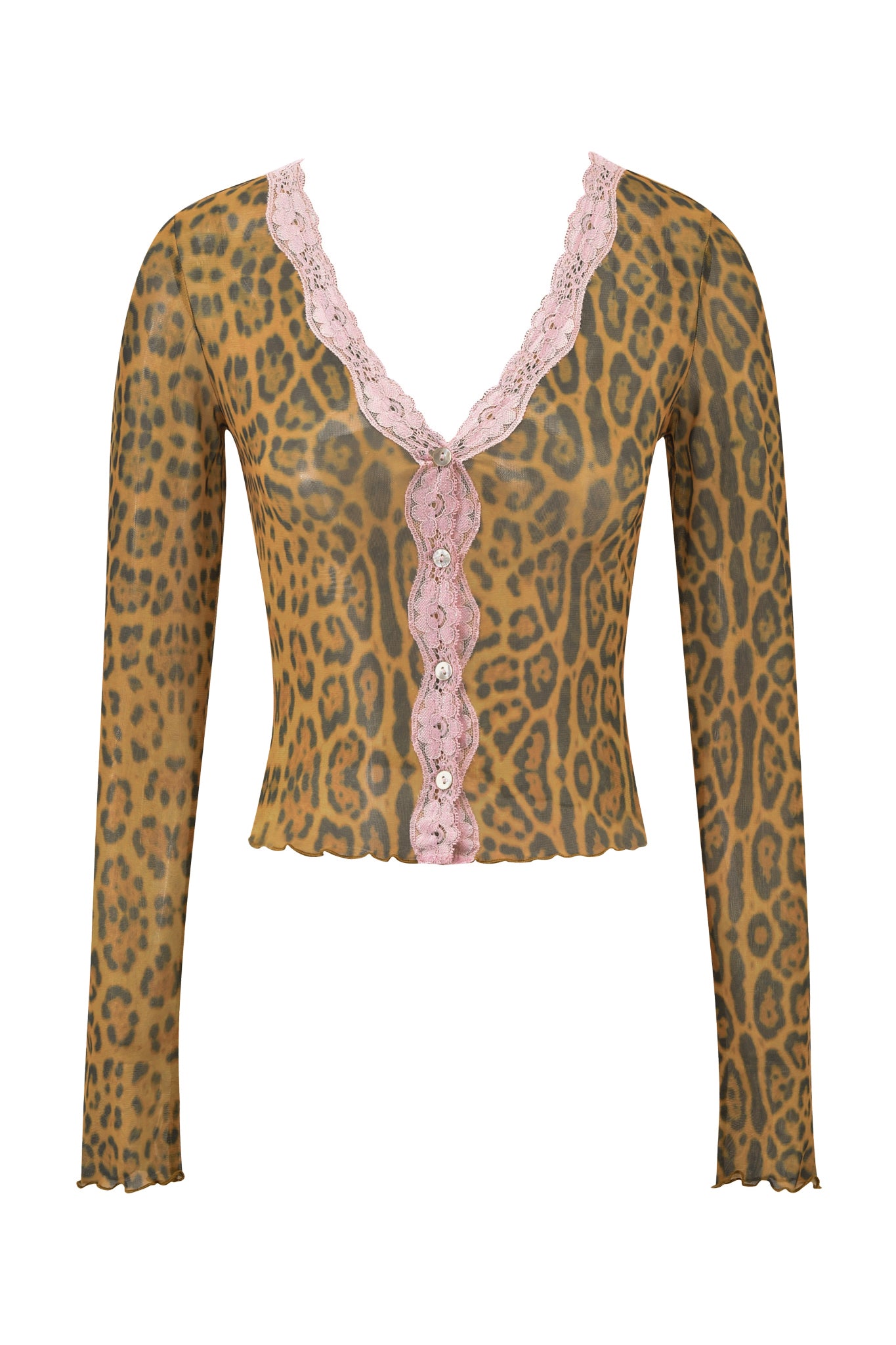 The I.AM.GIA TASHI TOP - PANTHERA is a long-sleeve, cheetah print top with a deep V-neckline, pink lace trim, decorative buttons down the front, and a ruffled hem.