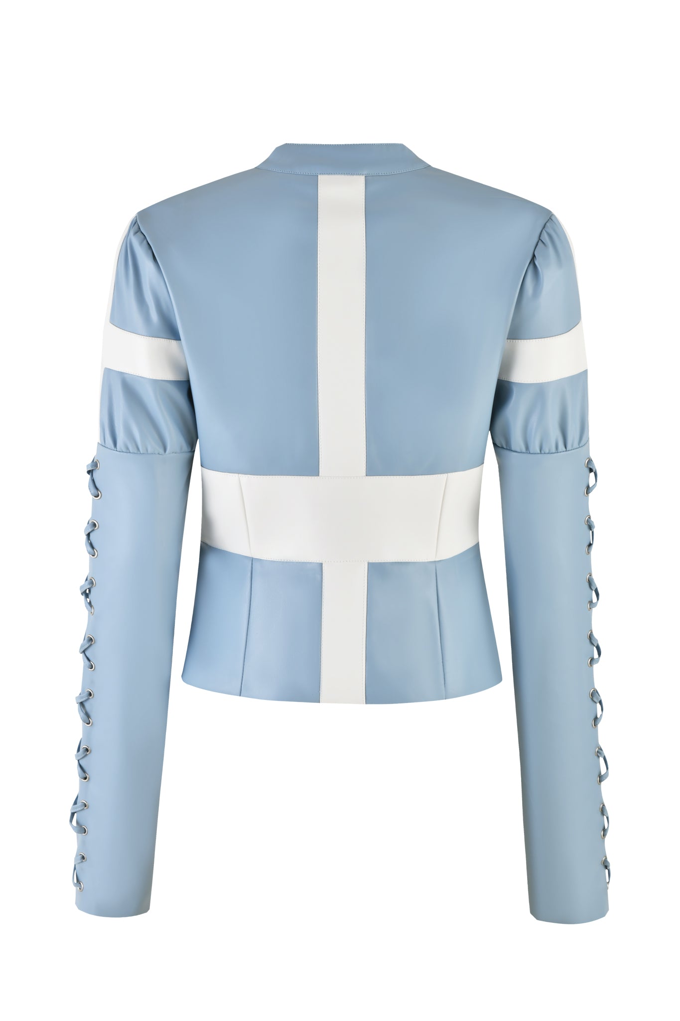 The Lambretta Jacket in baby blue by I.AM.GIA features a faux leather material with a white cross design on the back. Its long sleeves are adorned with fixed lace-up detailing along the sides and puff shoulders, offering an added touch of elegance. The jacket has a shiny, satin-like finish that completes its stylish look.