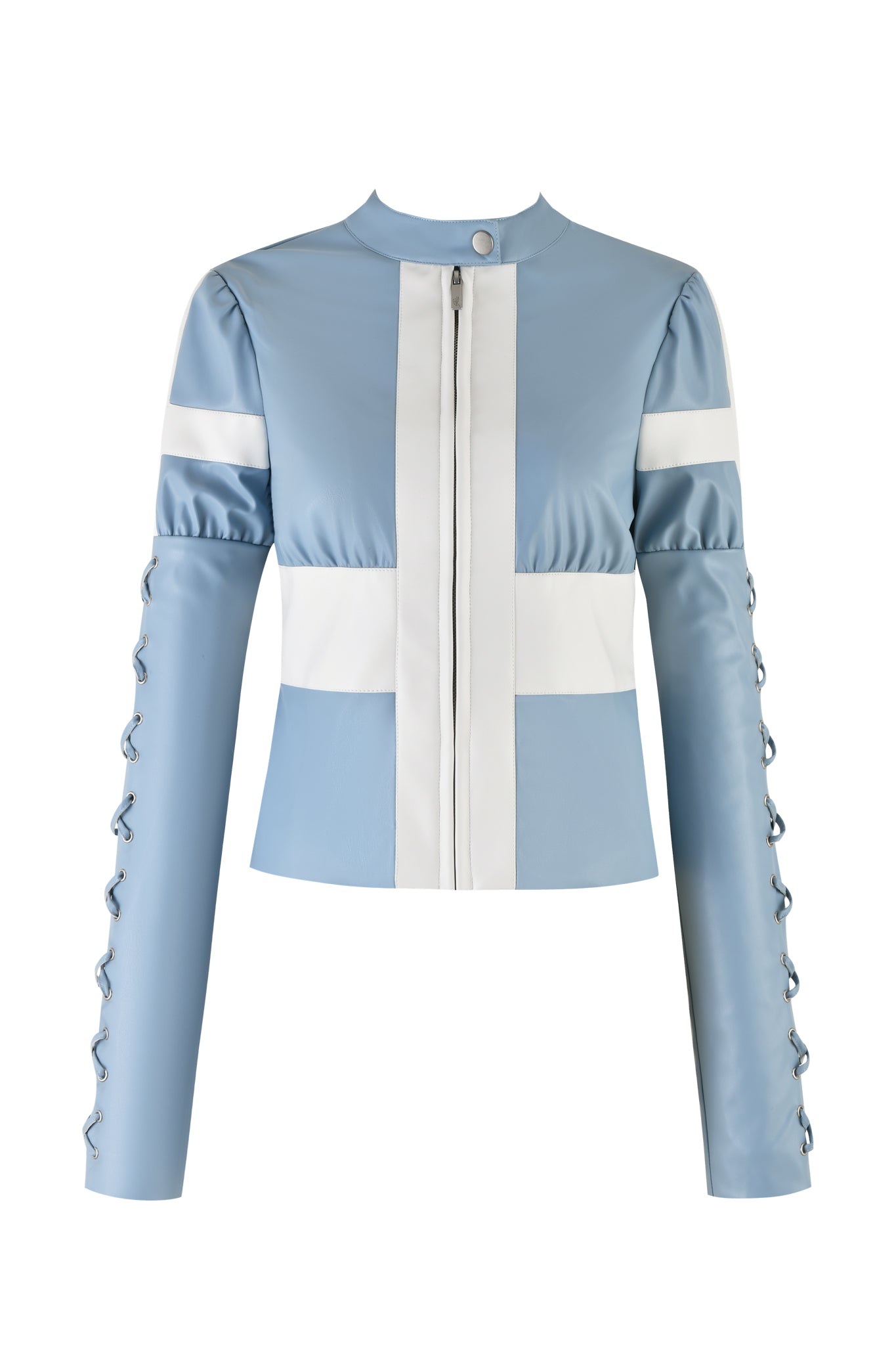 The LAMBRETTA JACKET - BLUE by I.AM.GIA features a baby blue faux leather design with puff shoulders and long sleeves. White stripes accentuate the shoulders and torso, while a vertical white stripe with a zipper closure and small button at the neckline runs down the front. Fixed lace-up detailing adorns the sleeves for an added touch of style.
