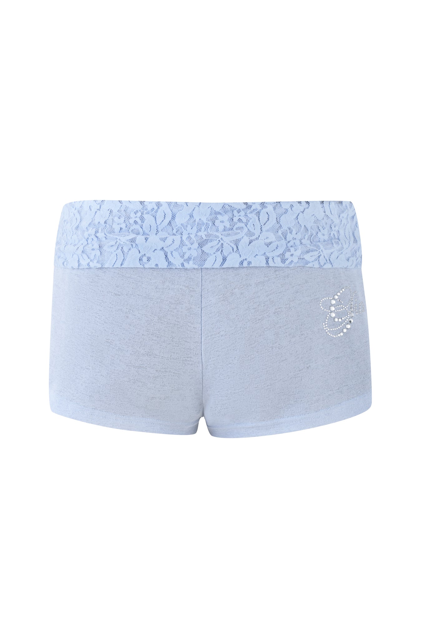 The HURLEY SHORT - BLUE : BABY BLUE from I.AM.GIA are ice blue women's shorts with a lace waistband and decorative rhinestone accents on the sides. They provide a soft texture and a simple, elegant style, making them perfect for casual wear.