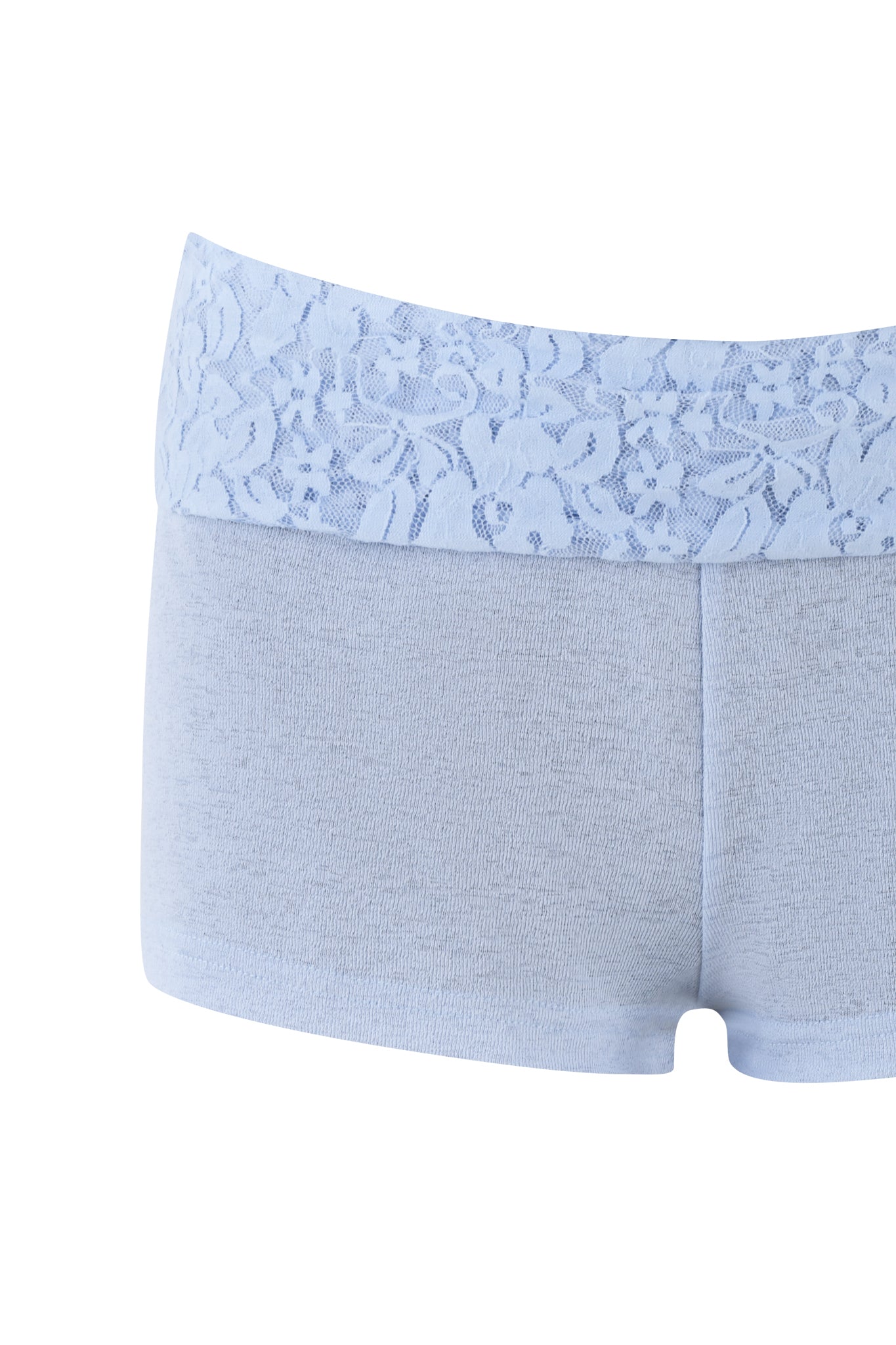 The HURLEY SHORT - BLUE by I.AM.GIA offers both comfort and style, featuring a seamless, bodycon fit design with soft fabric for all-day wear. This ice-blue garment includes a lace waistband adorned with floral designs, adding an elegant touch to the light blue women's hipster underwear.